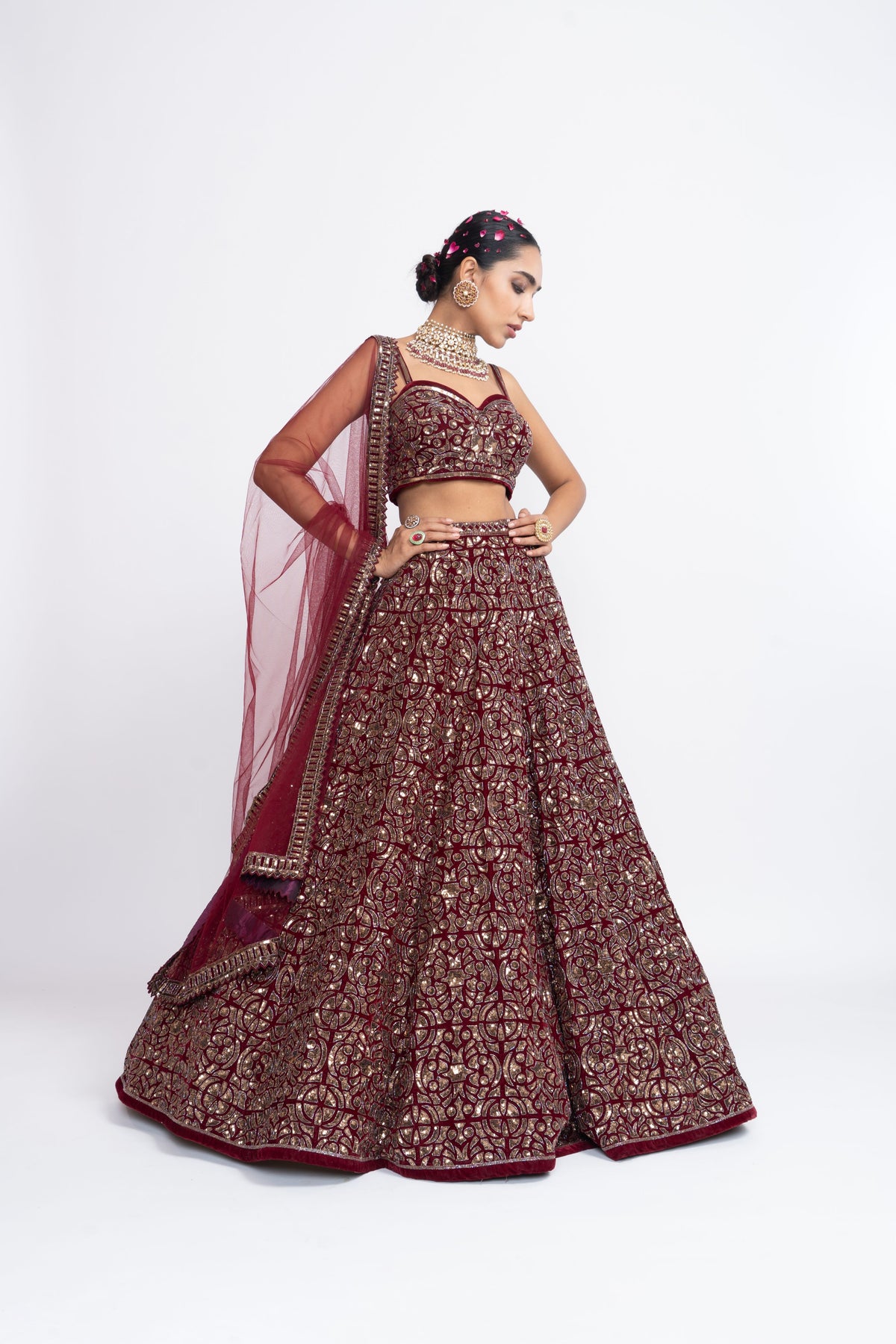 Mehroon embroidered corset lehnga set