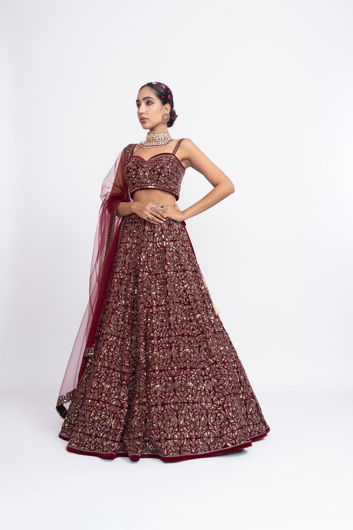 Mehroon embroidered corset lehnga set