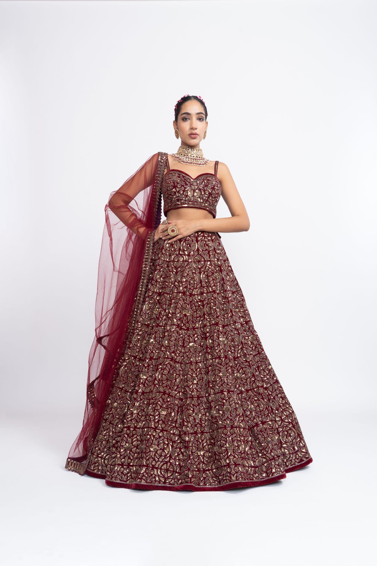Mehroon embroidered corset lehnga set