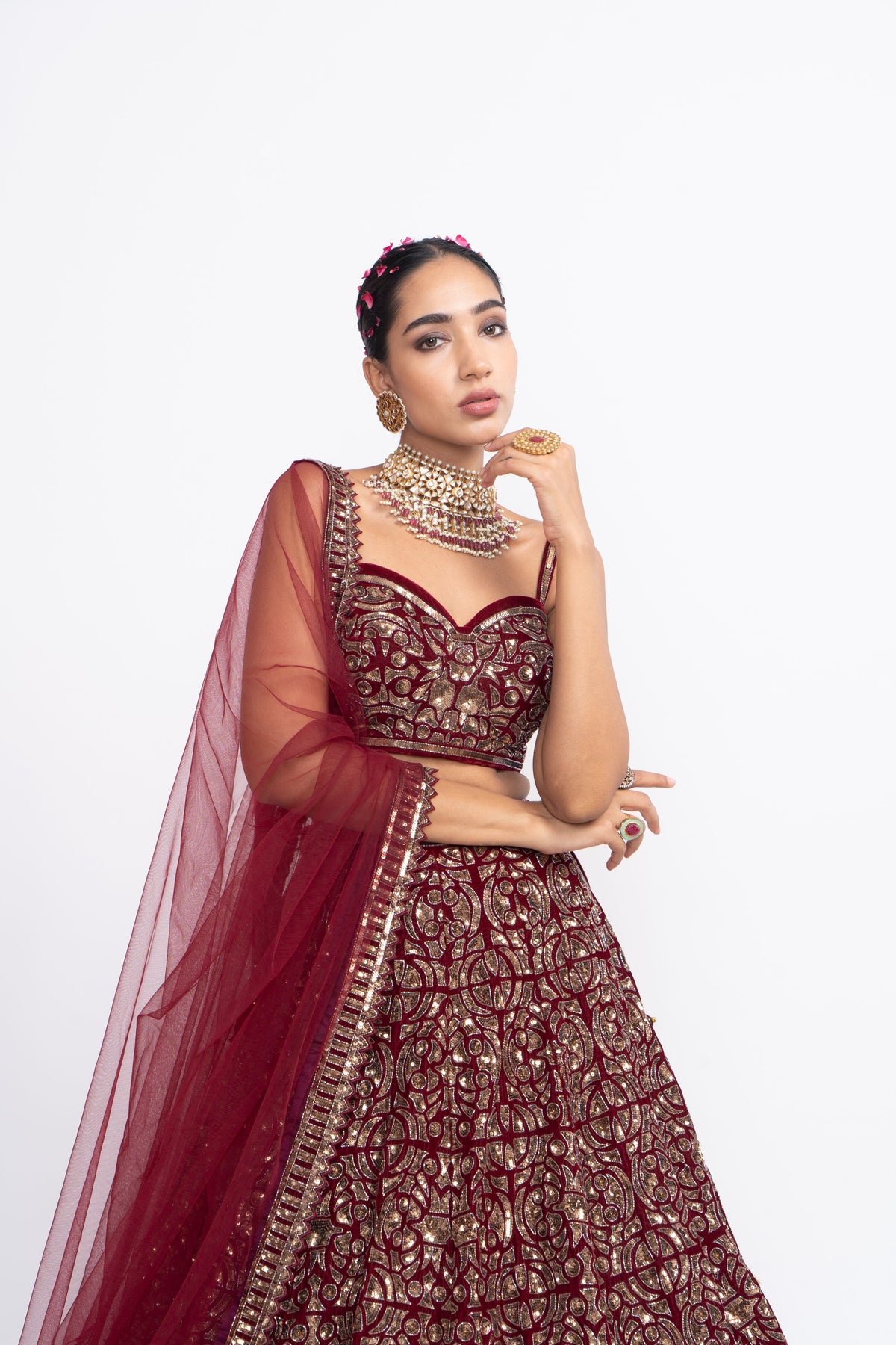 Mehroon embroidered corset lehnga set