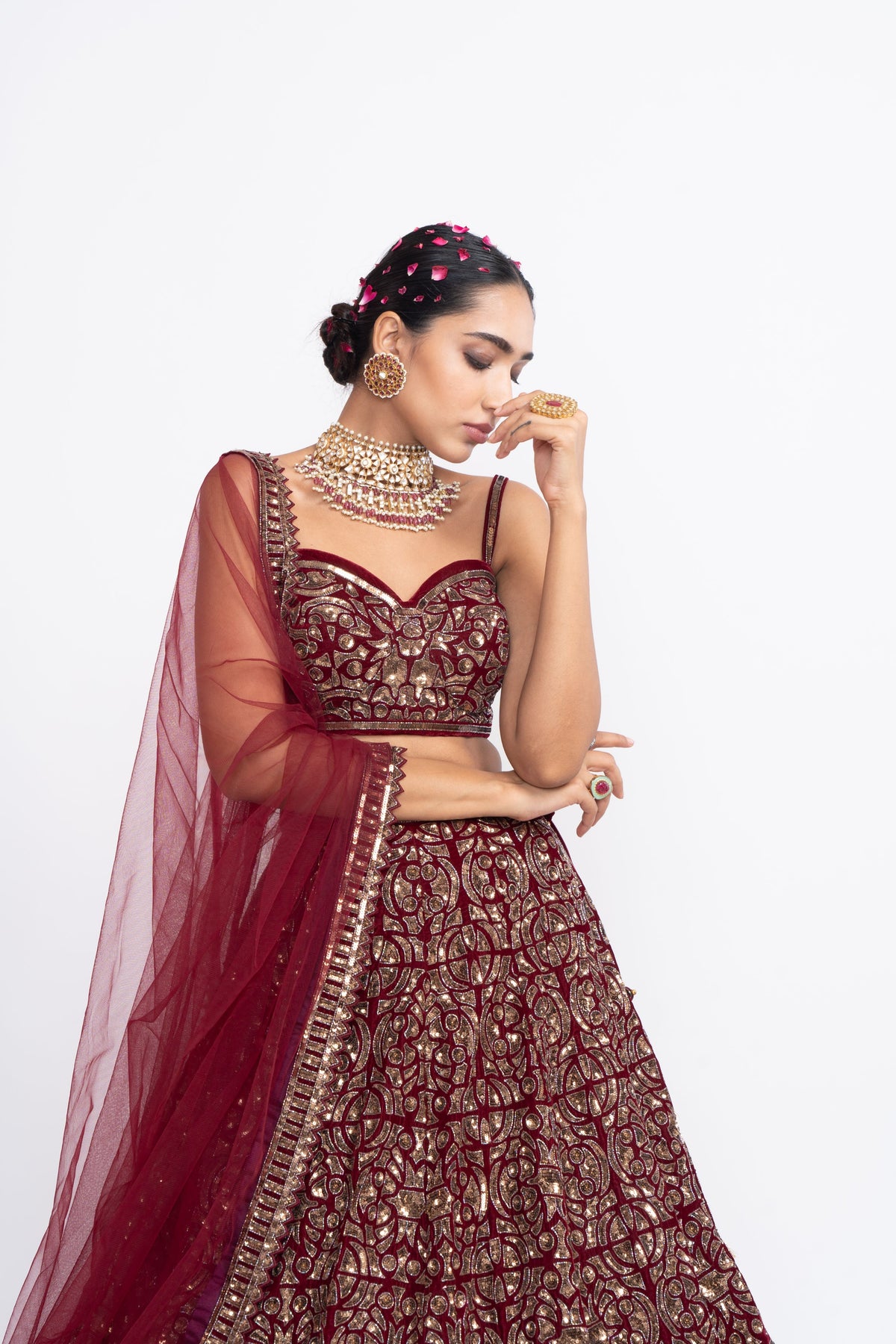 Mehroon embroidered corset lehnga set