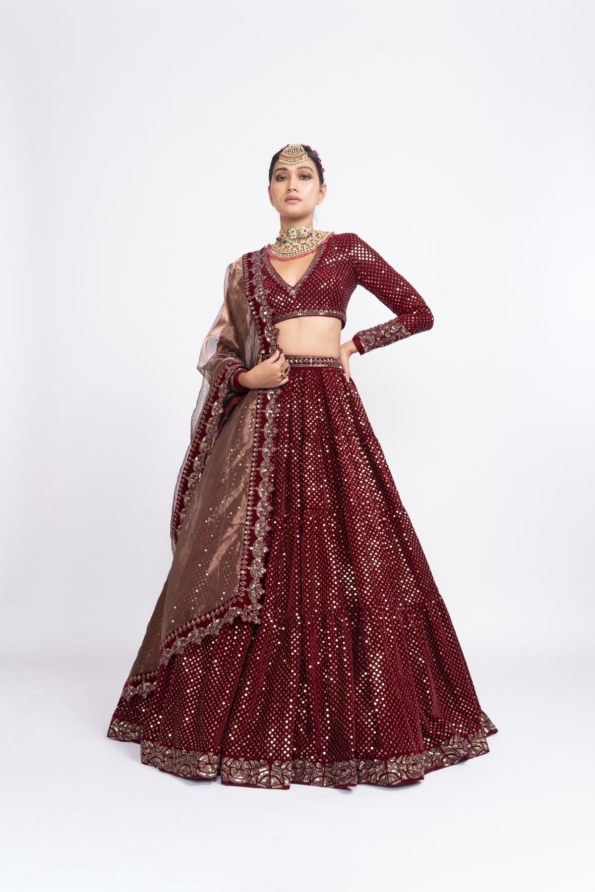 Mehroon dense dot lehnga set