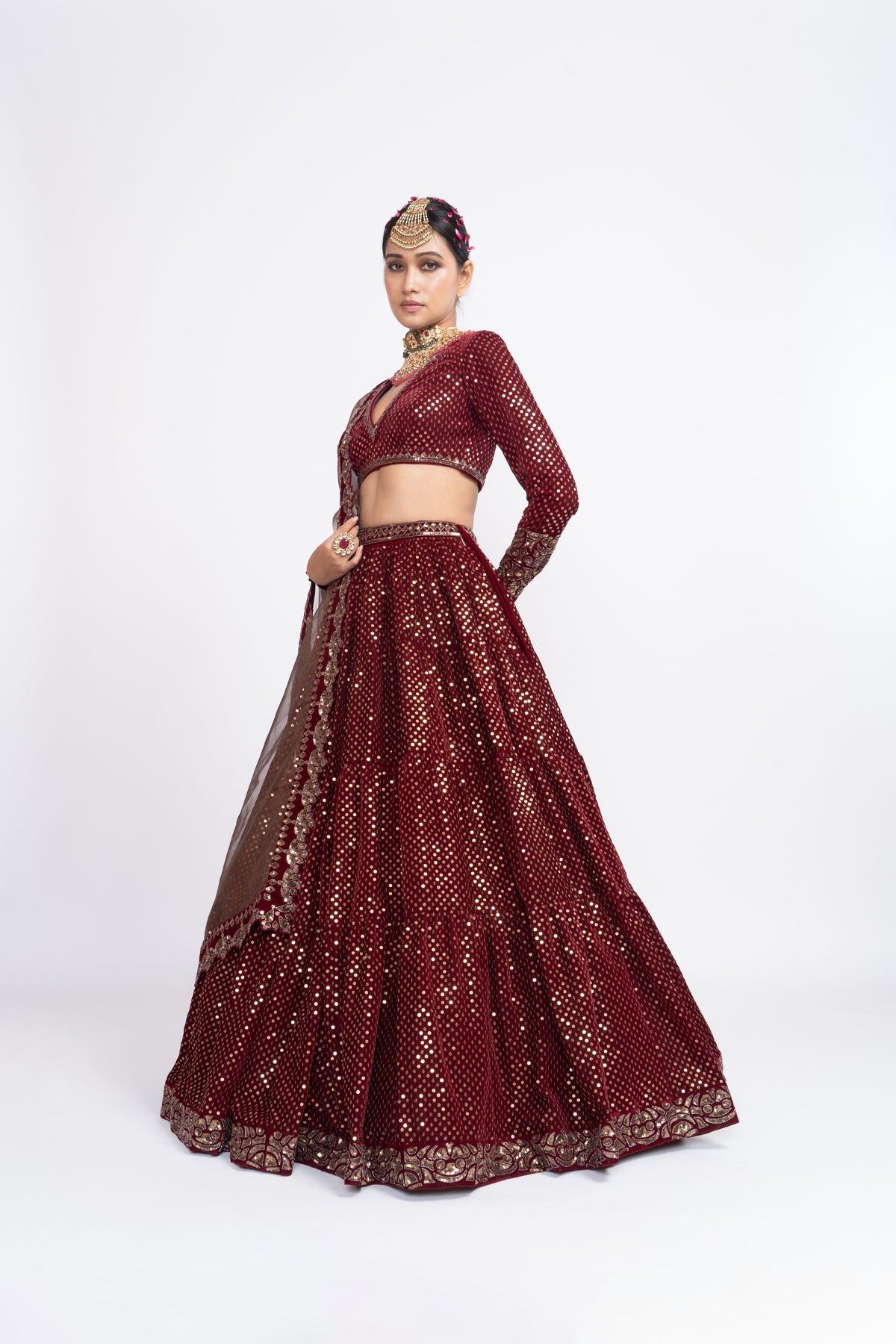 Mehroon dense dot lehnga set