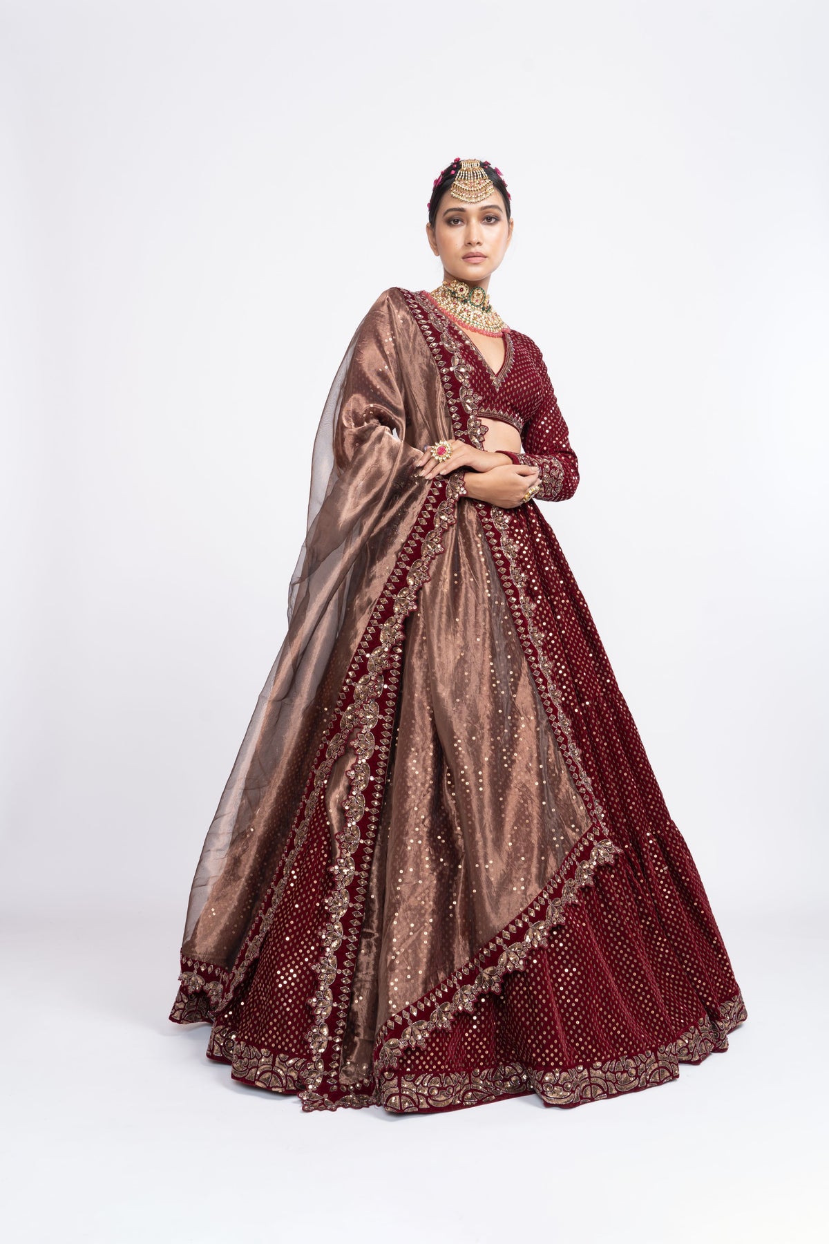 Mehroon dense dot lehnga set