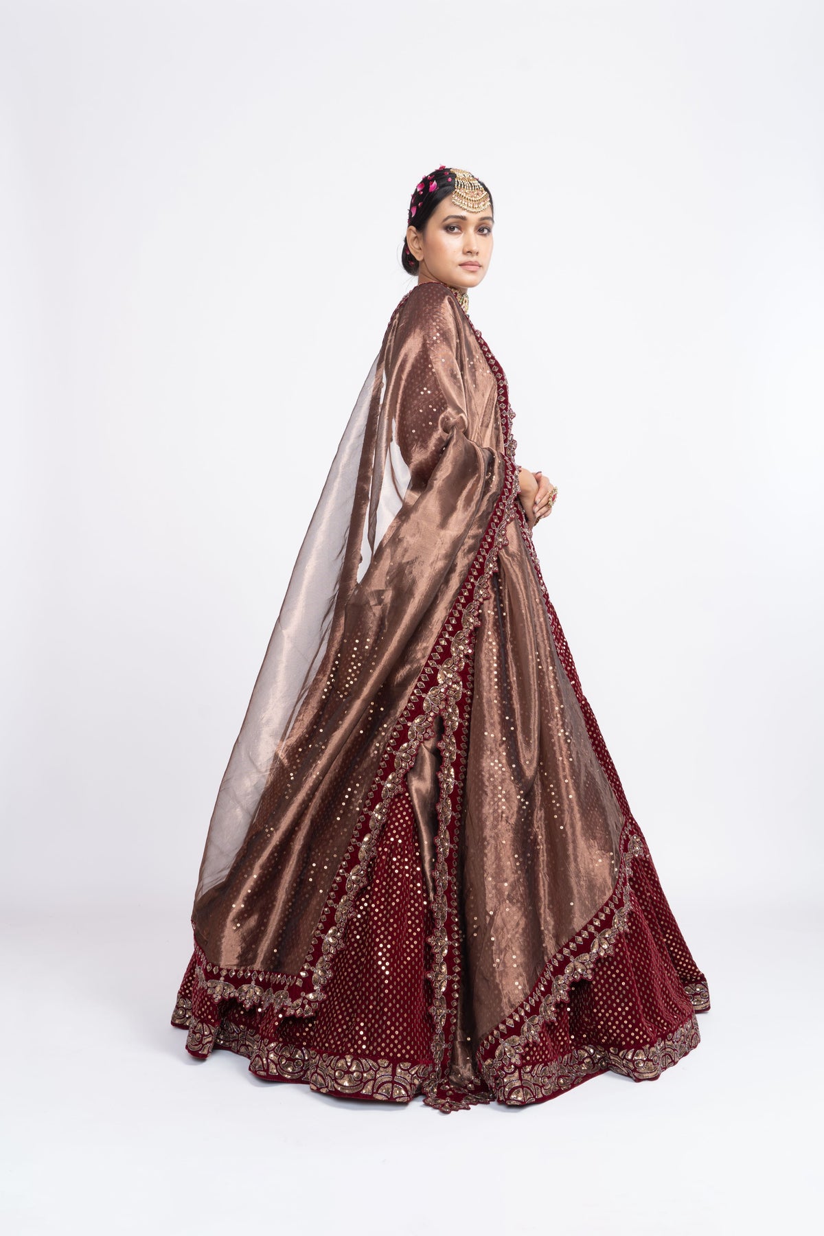 Mehroon dense dot lehnga set