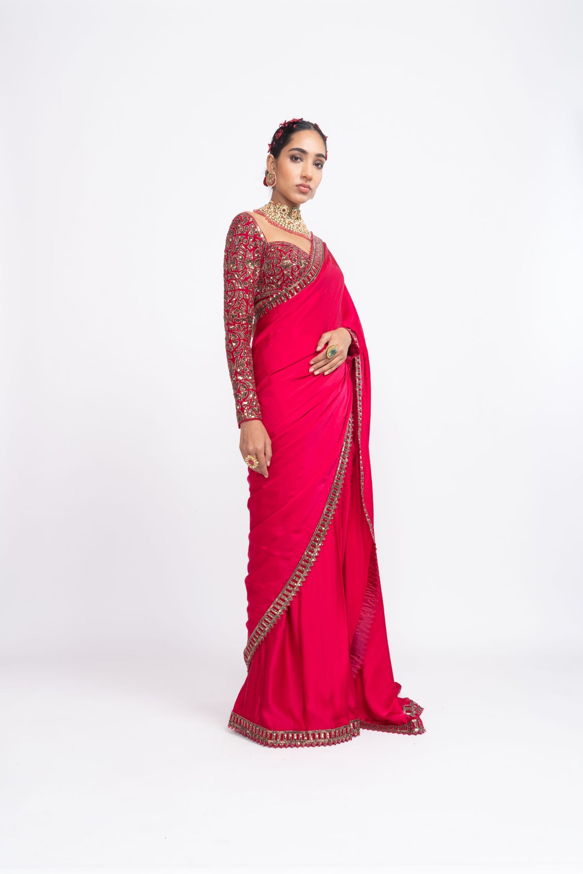 Red sarin saree set