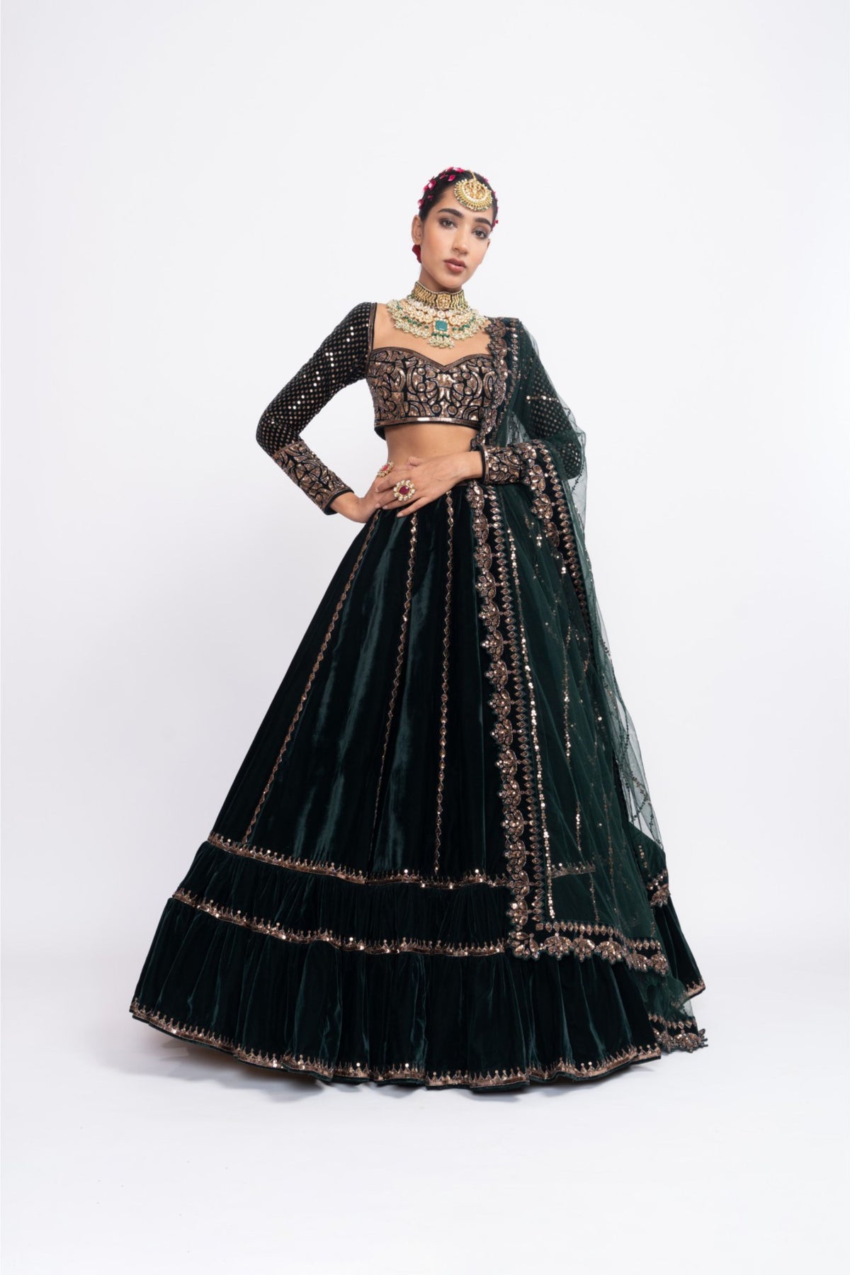 Green double tier lehnga set