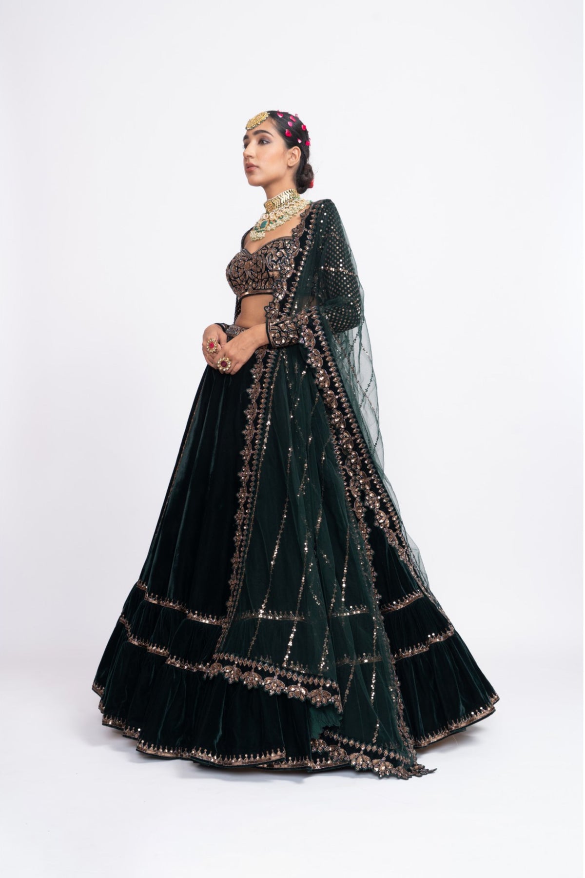 Green double tier lehnga set