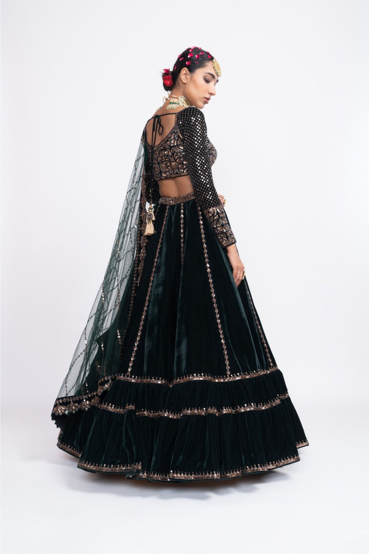 Green double tier lehnga set