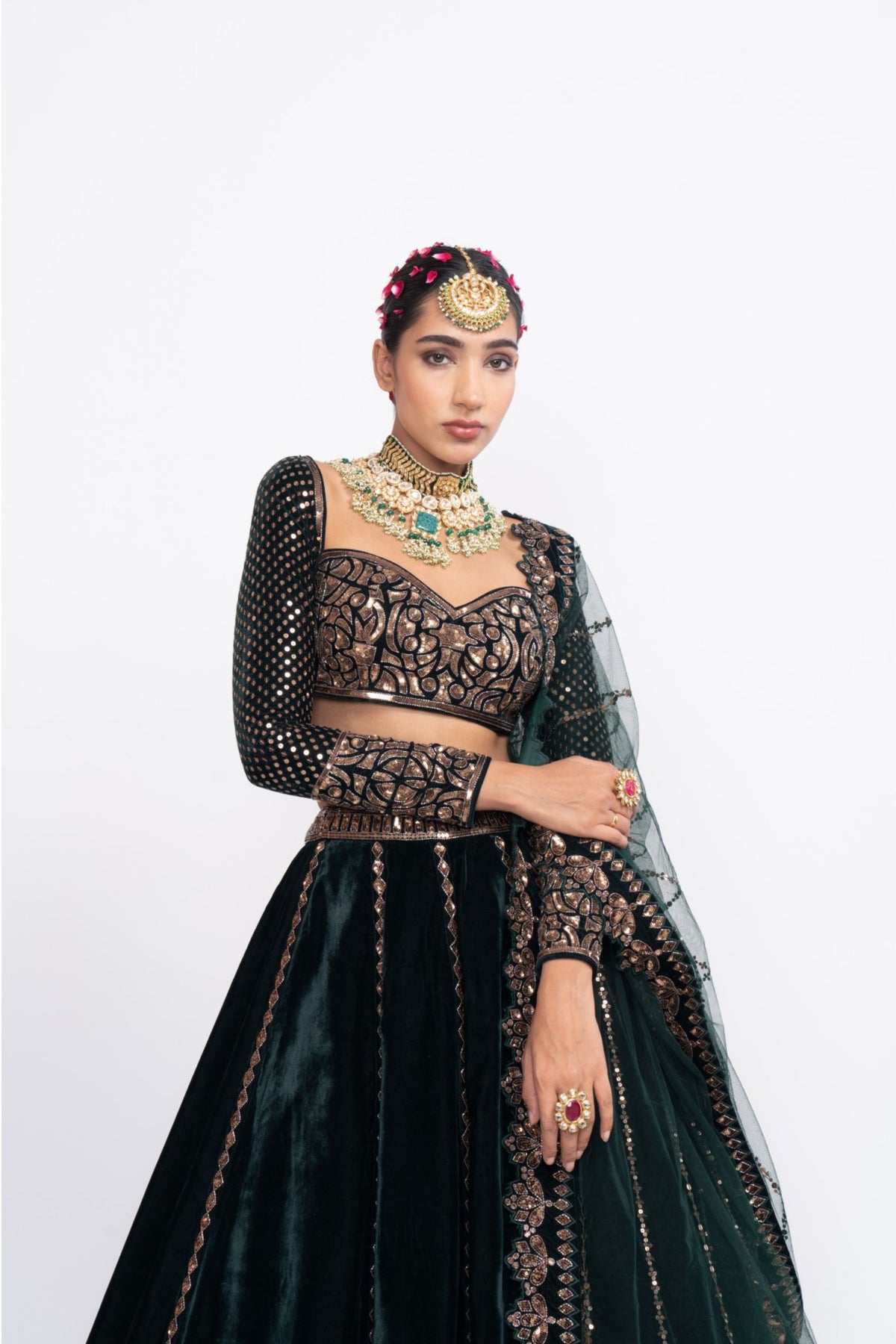 Green double tier lehnga set