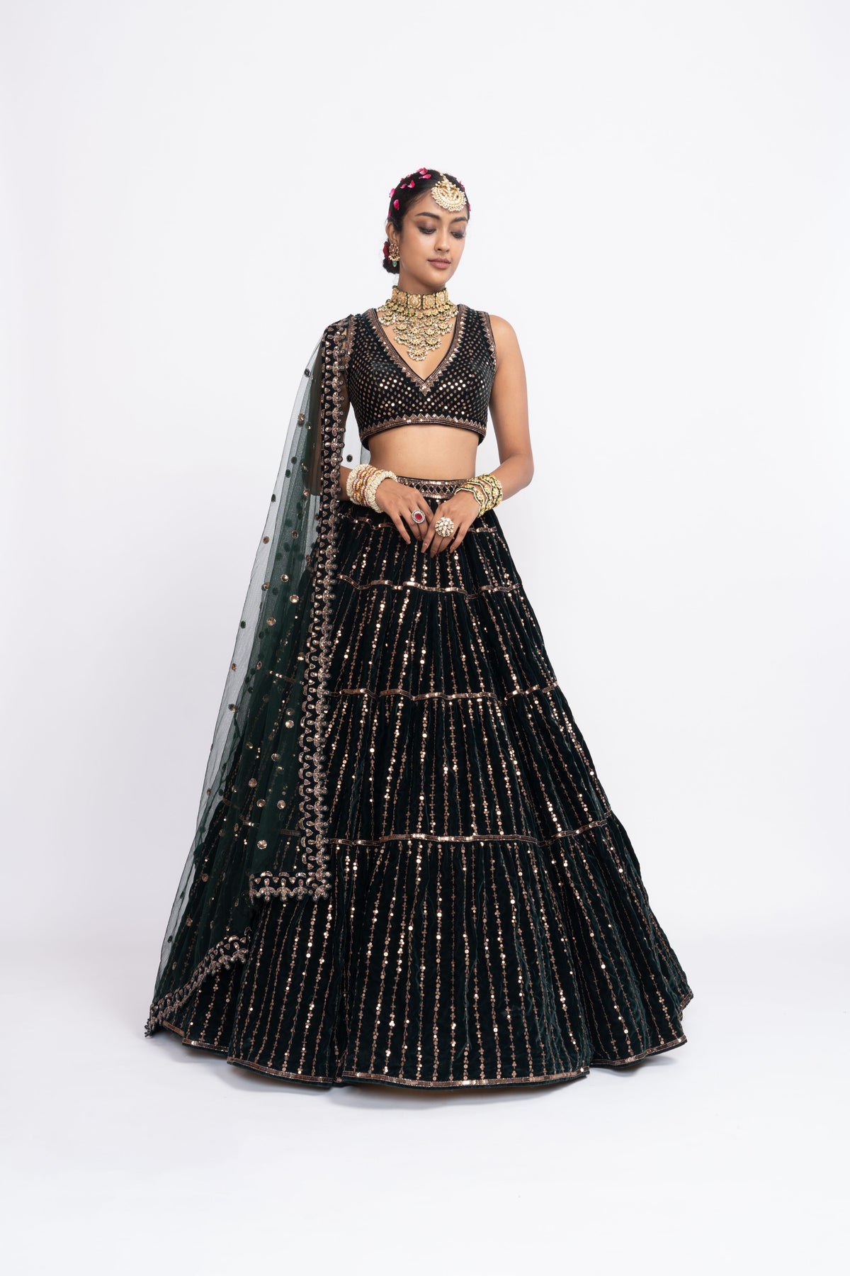Deep green full tier lehnga set
