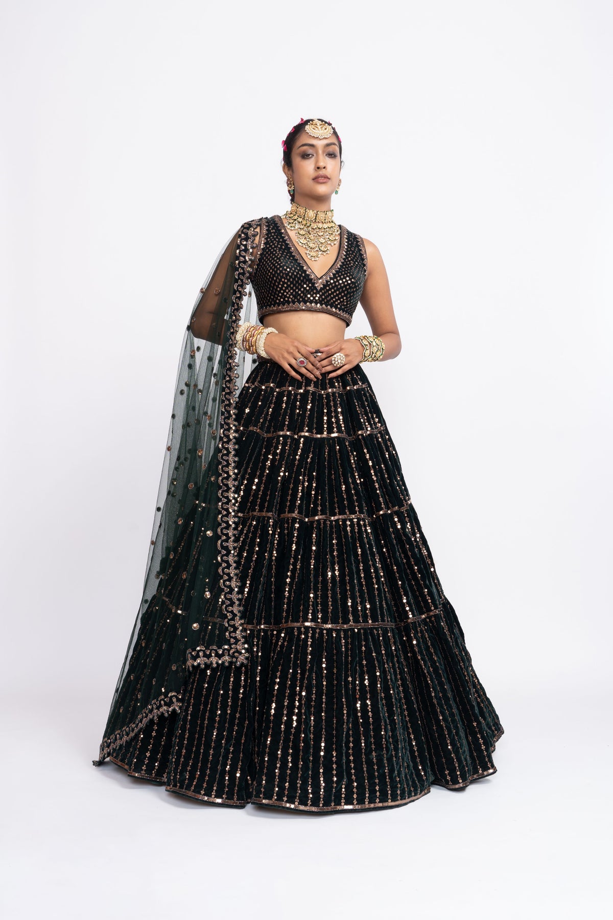 Deep green full tier lehnga set