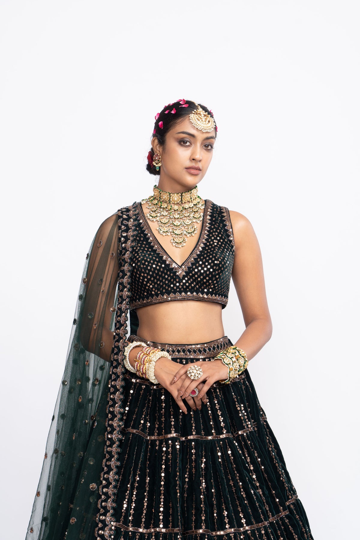 Deep green full tier lehnga set