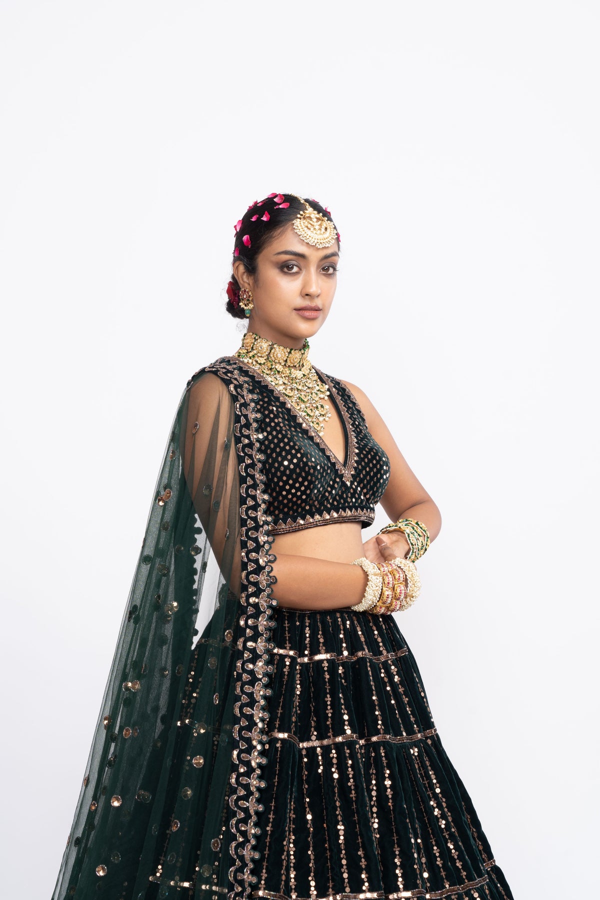 Deep green full tier lehnga set