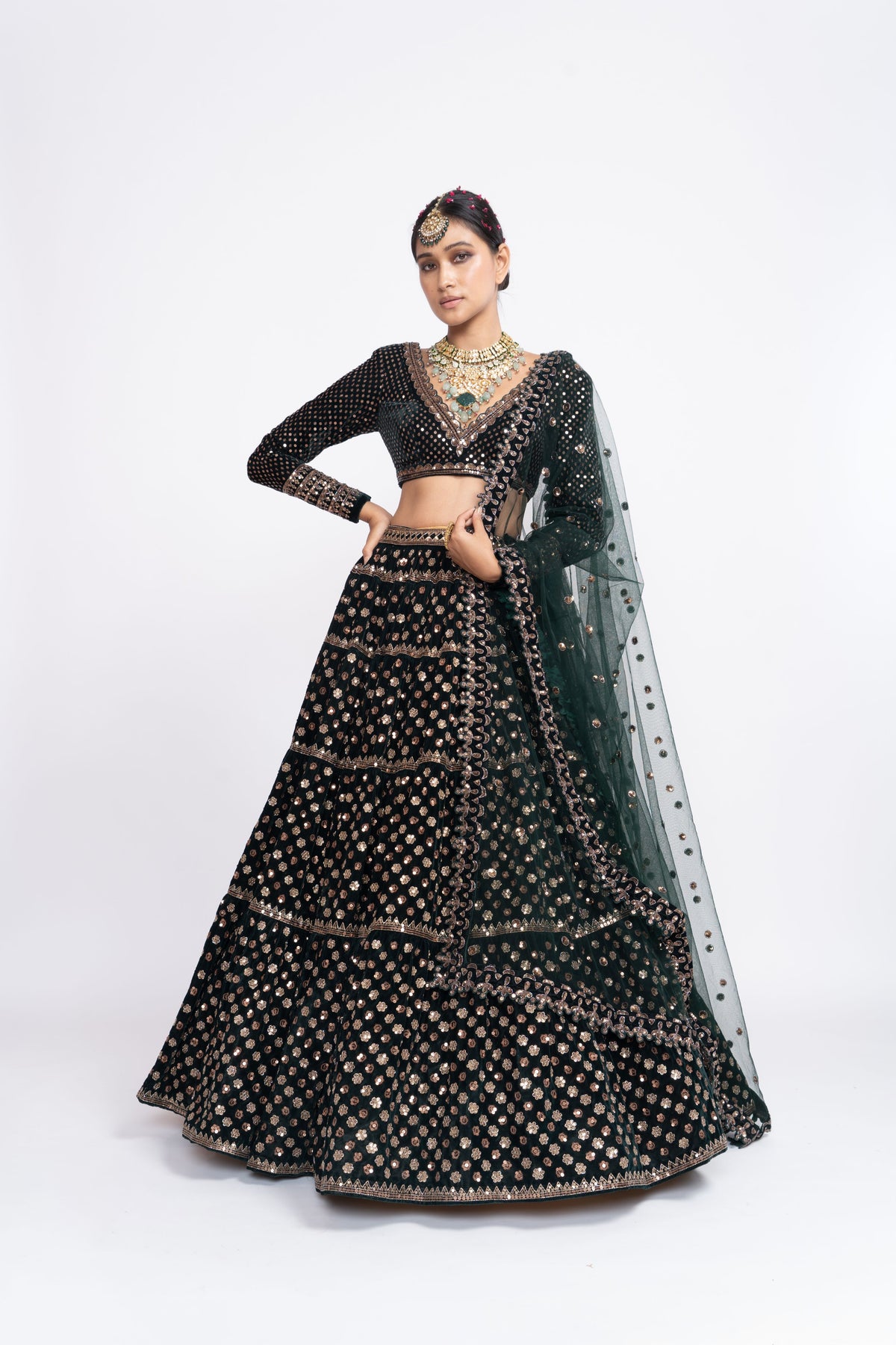 Deep green floral lehnga set