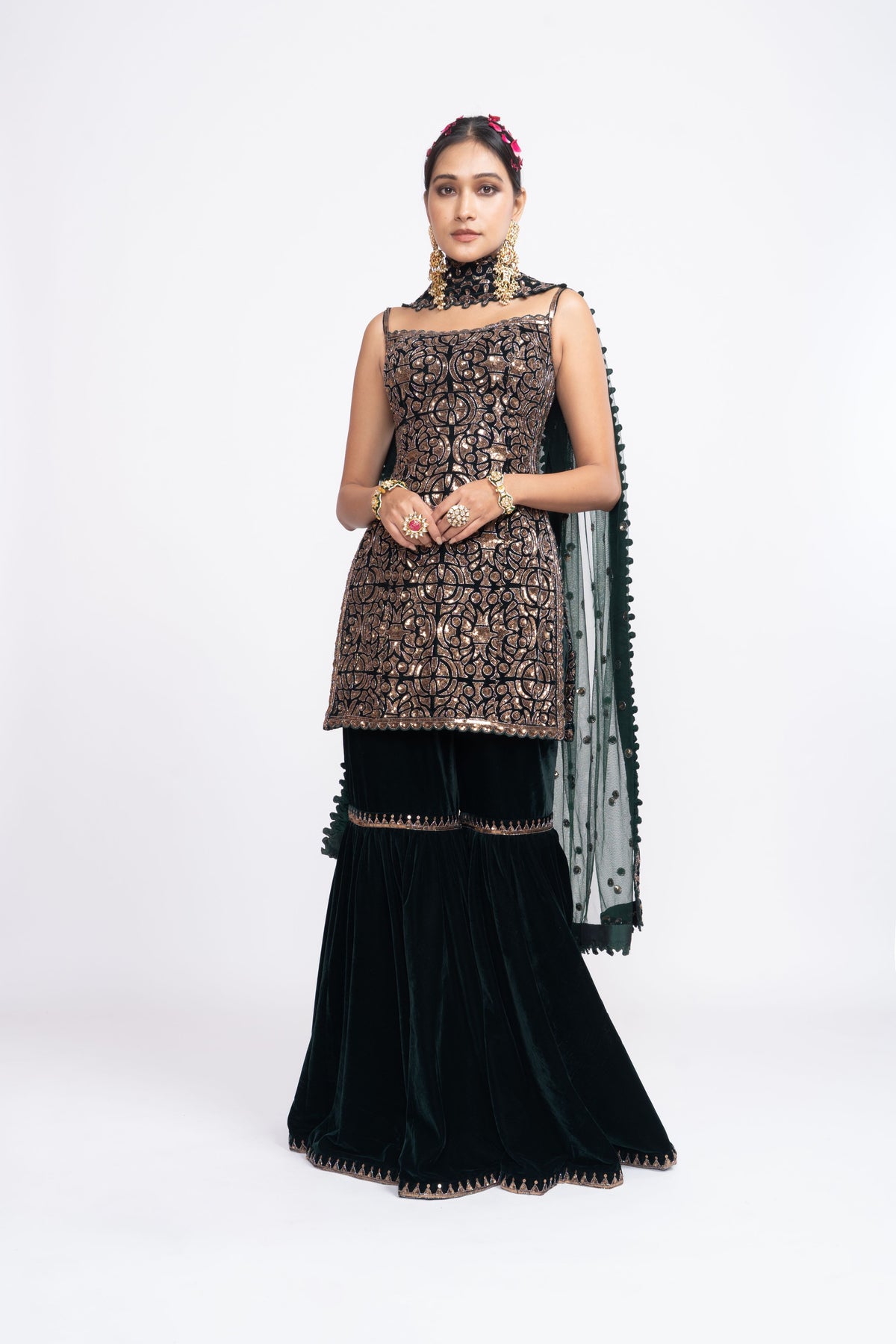 Deep green kurta sharara set