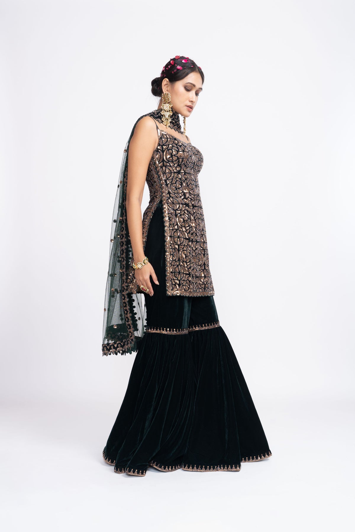 Deep green kurta sharara set