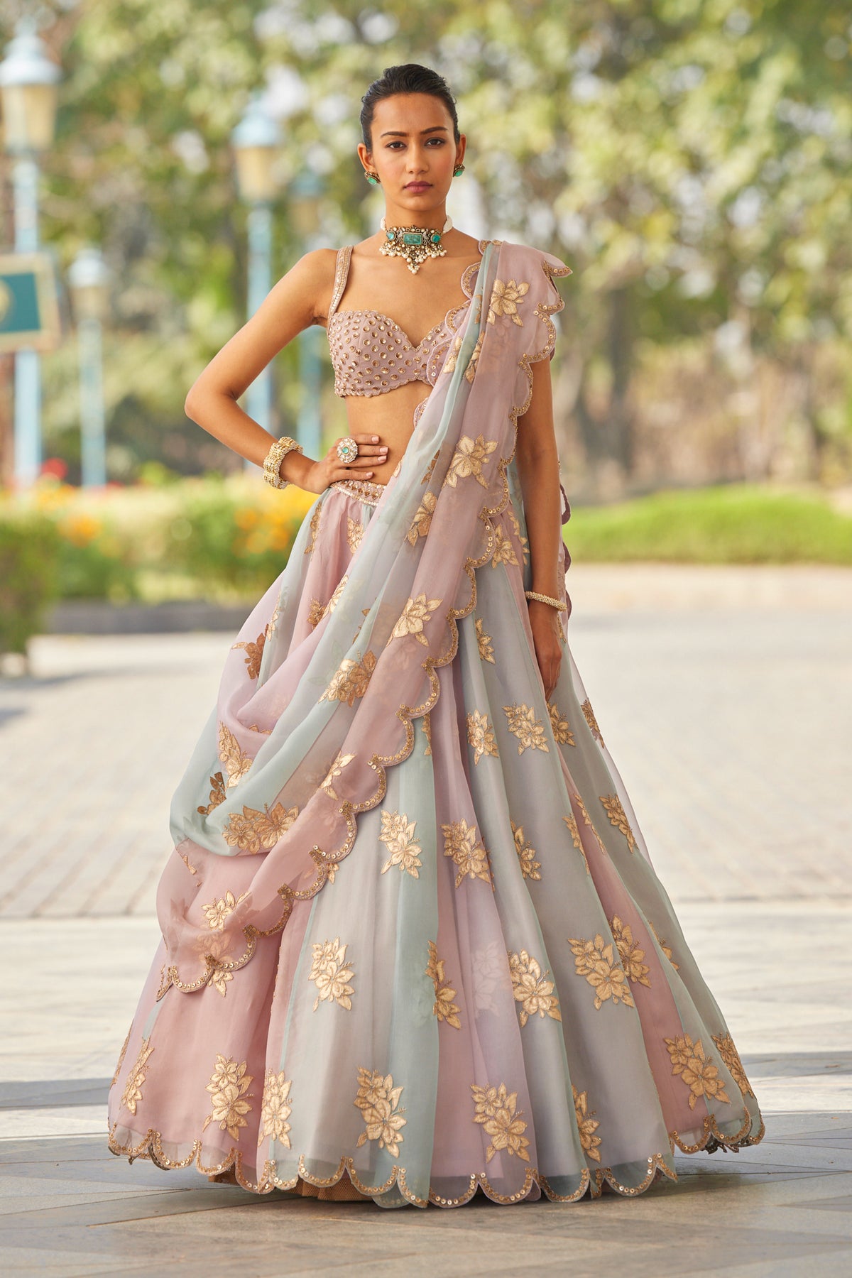 Ash Pink Flower Lehenga Set