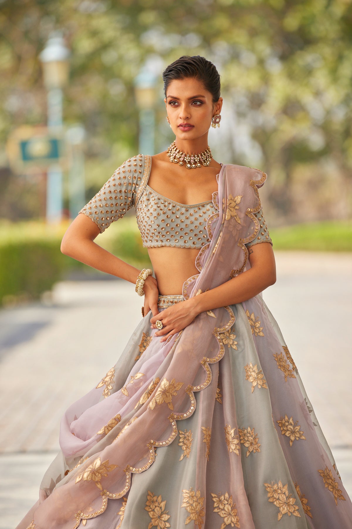 Powder Grey Flower Lehenga Set