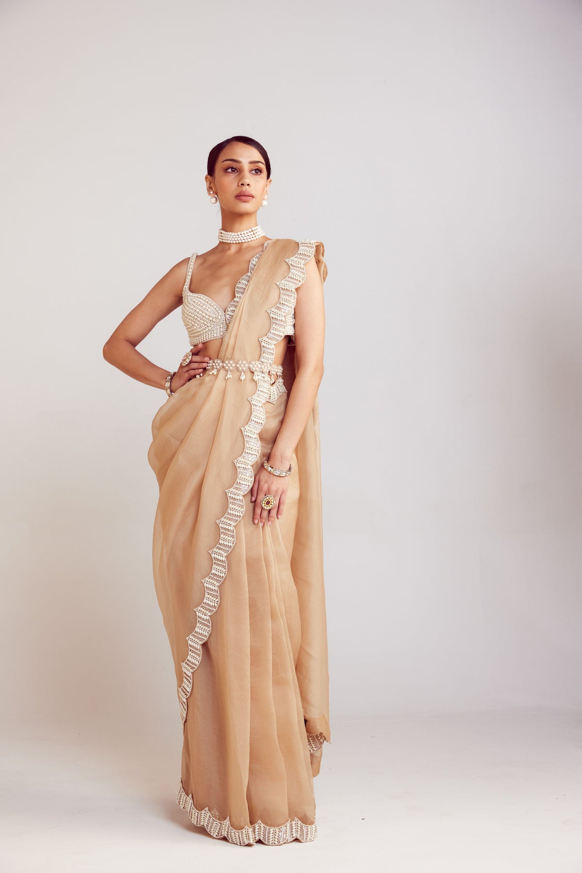 Beige Pearl Embellished Saree Set