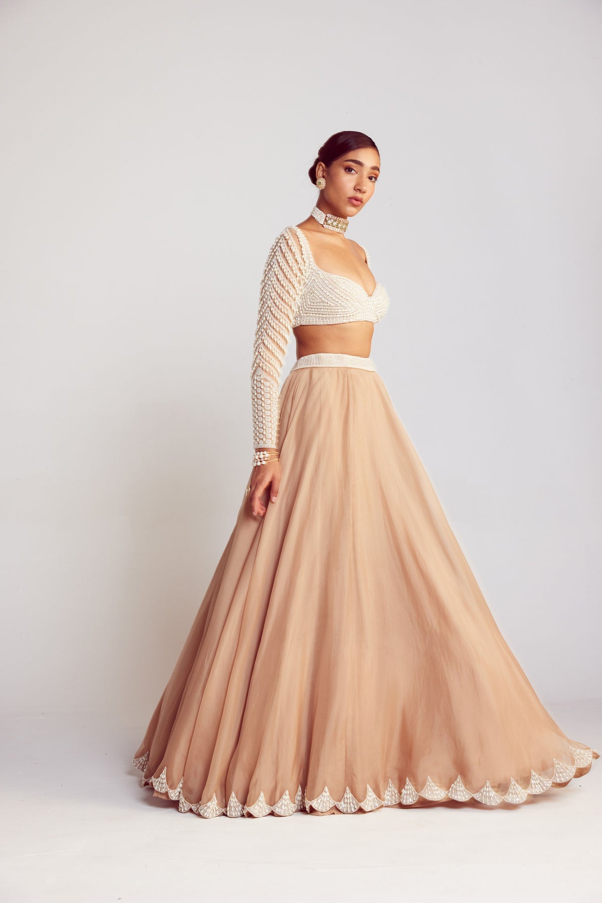 Beige Pearl Chandelier Drop Lehenga Set