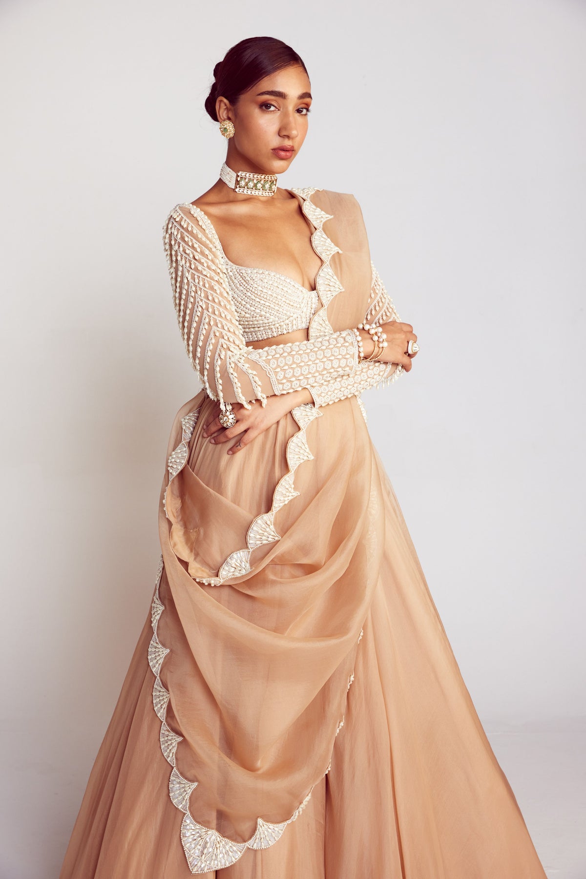 Beige Pearl Chandelier Drop Lehenga Set