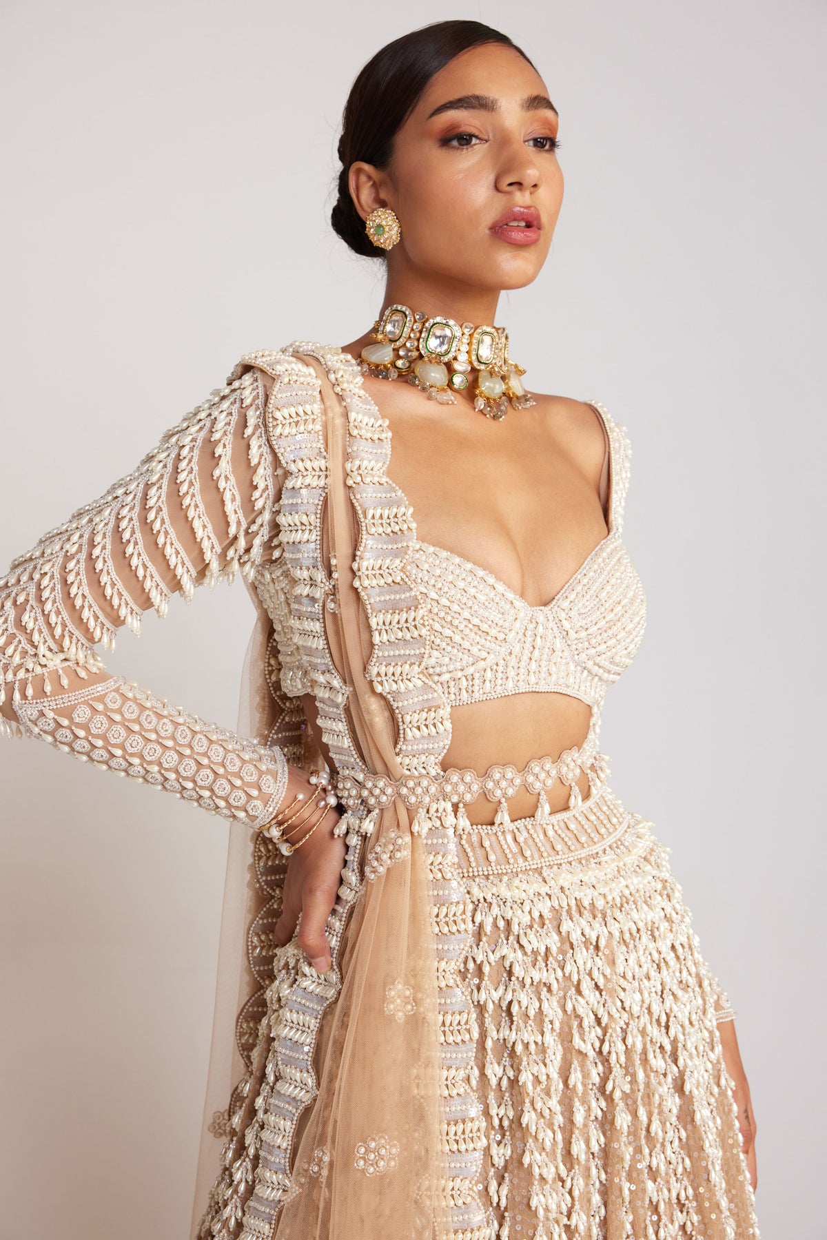 Beige Chandelier Pearl Lehenga Set