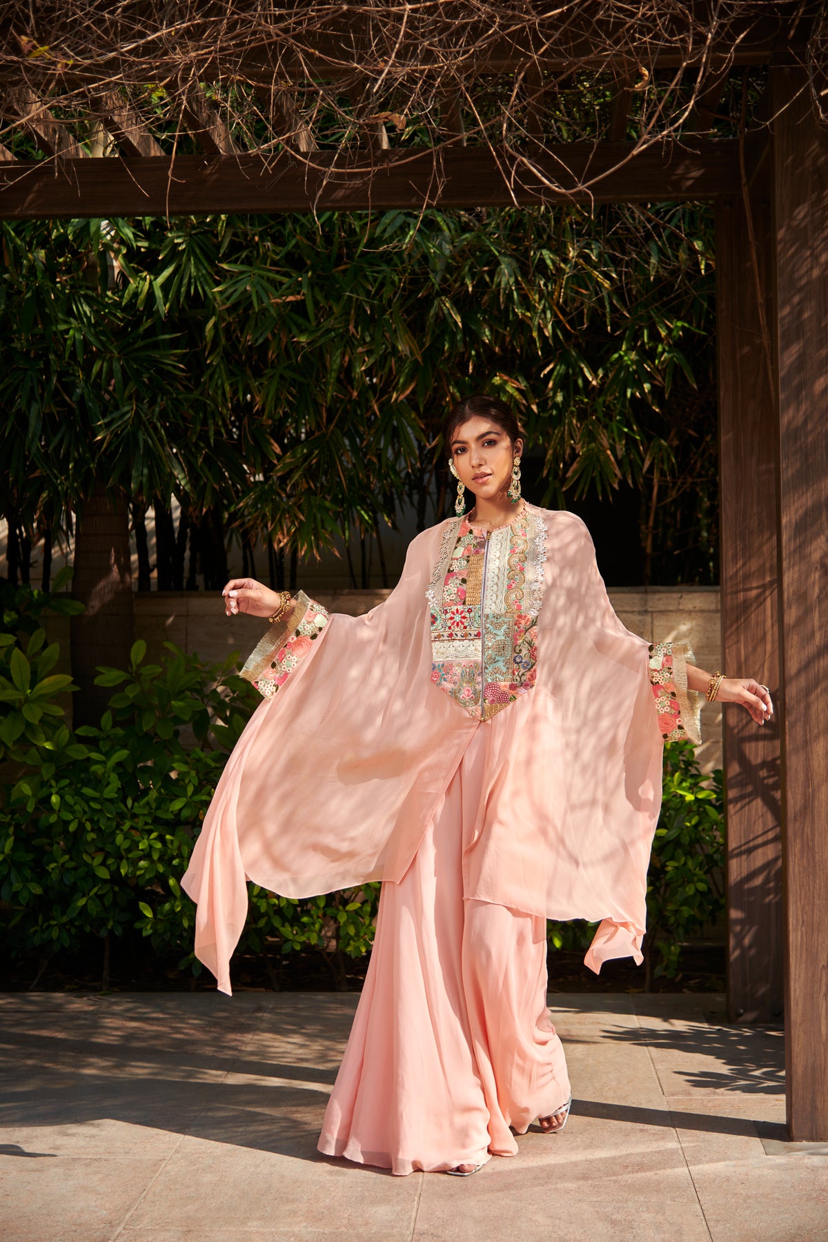 Multi patch peach zipper tunic and sharara set