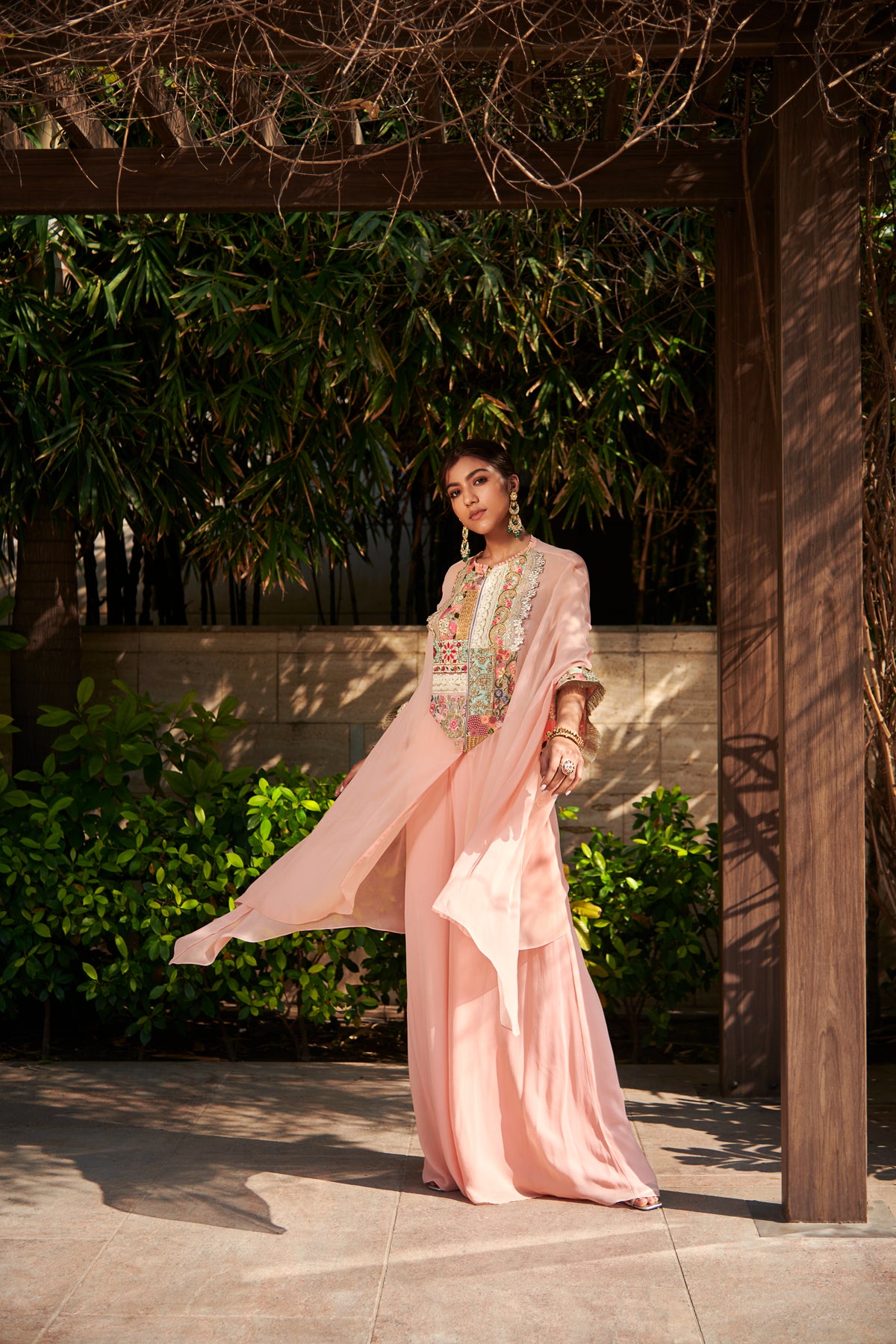Multi patch peach zipper tunic and sharara set