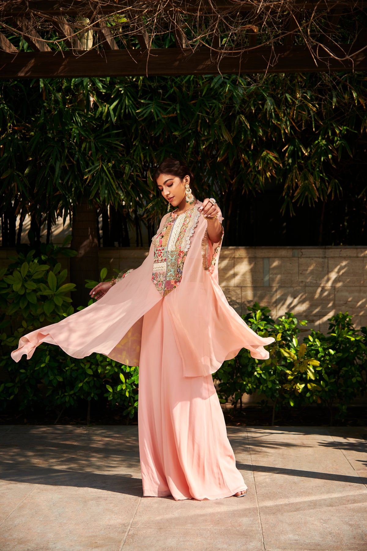 Multi patch peach zipper tunic and sharara set