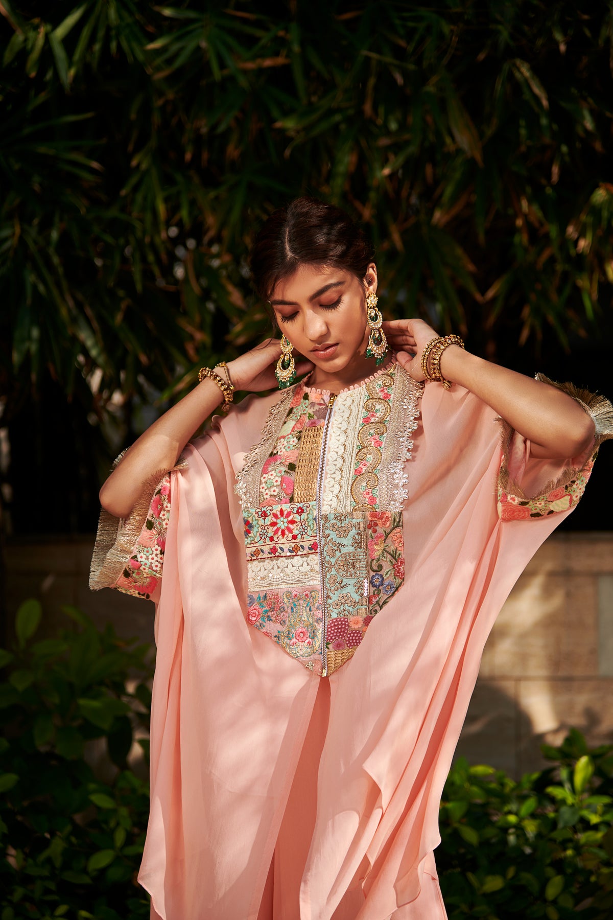 Multi patch peach zipper tunic and sharara set