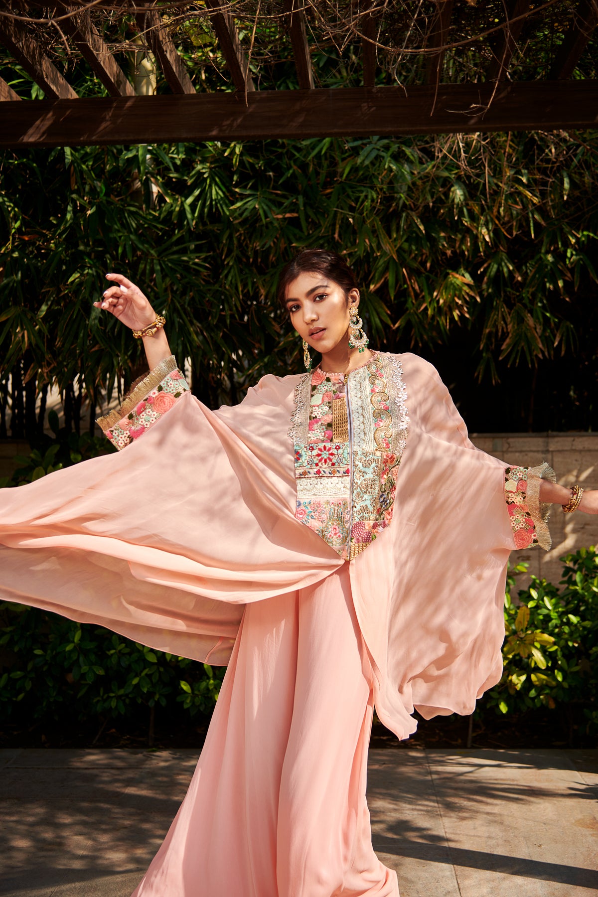 Multi patch peach zipper tunic and sharara set