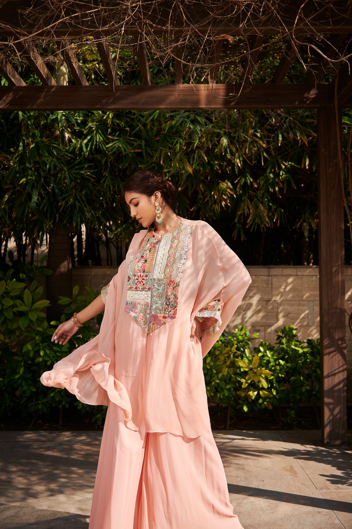 Multi patch peach zipper tunic and sharara set