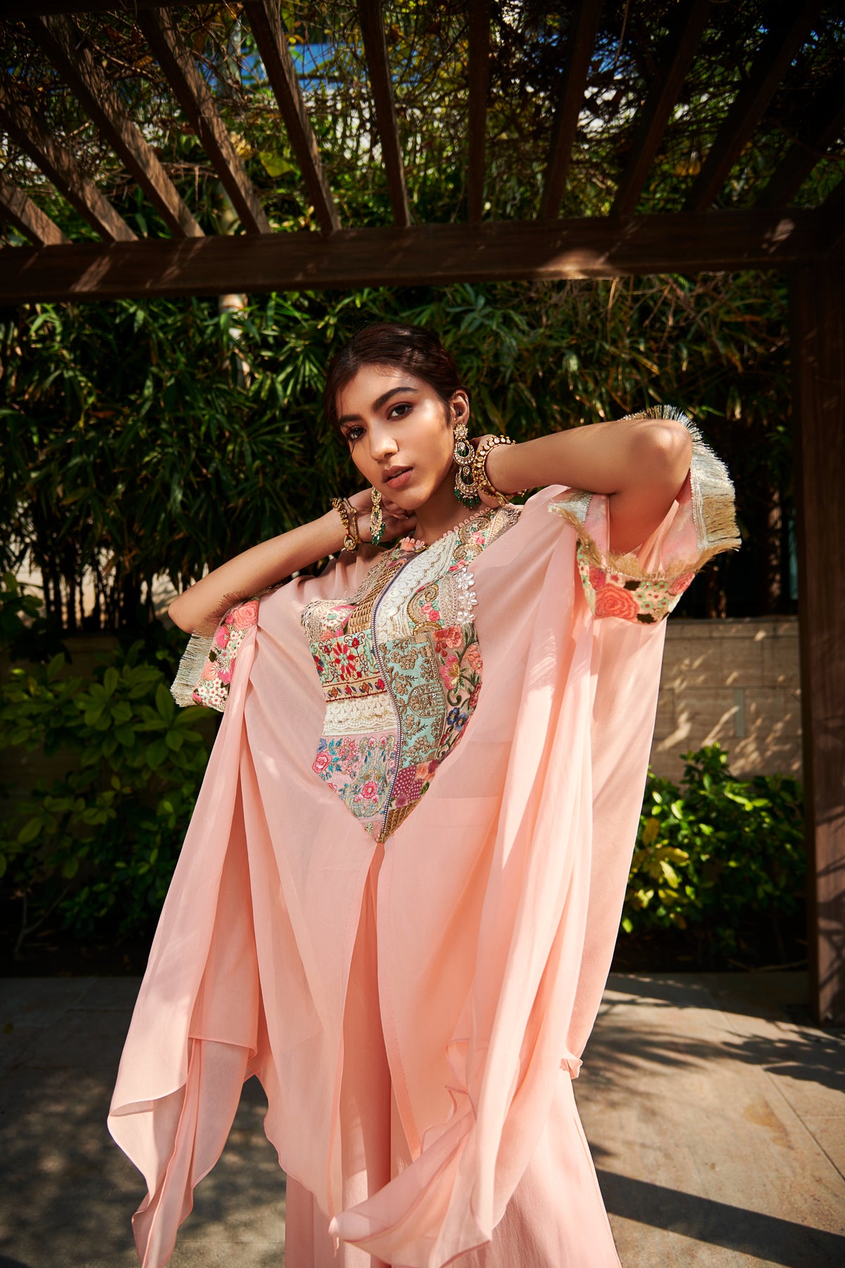 Multi patch peach zipper tunic and sharara set