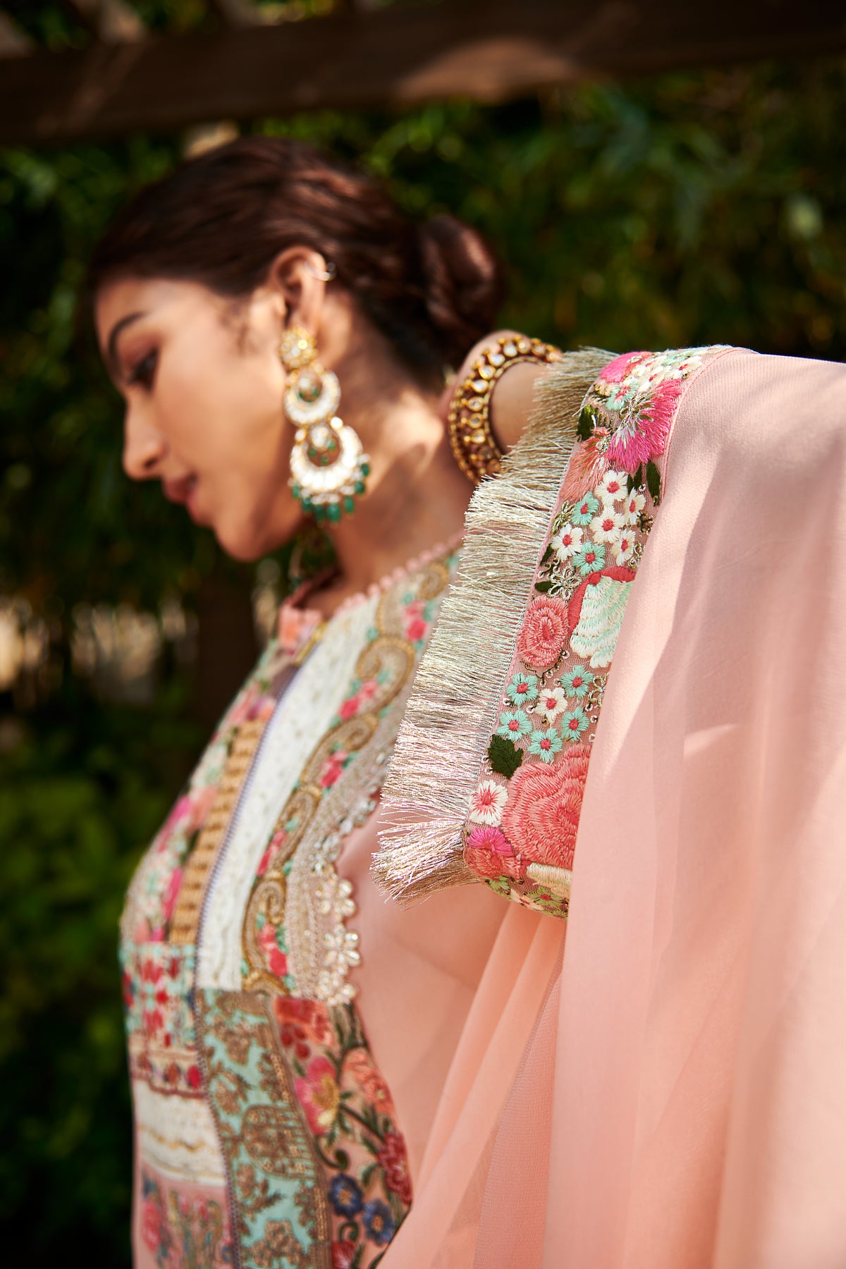Multi patch peach zipper tunic and sharara set