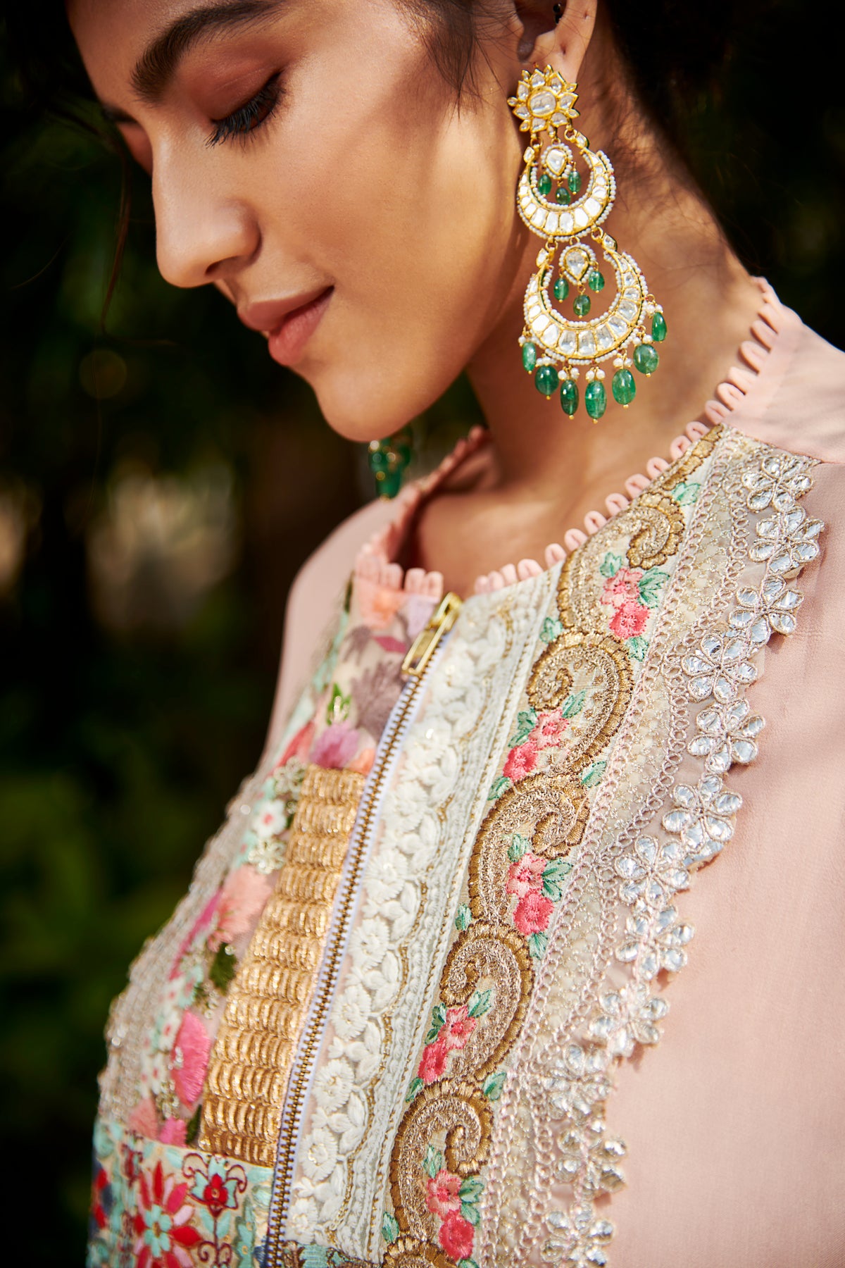 Multi patch peach zipper tunic and sharara set