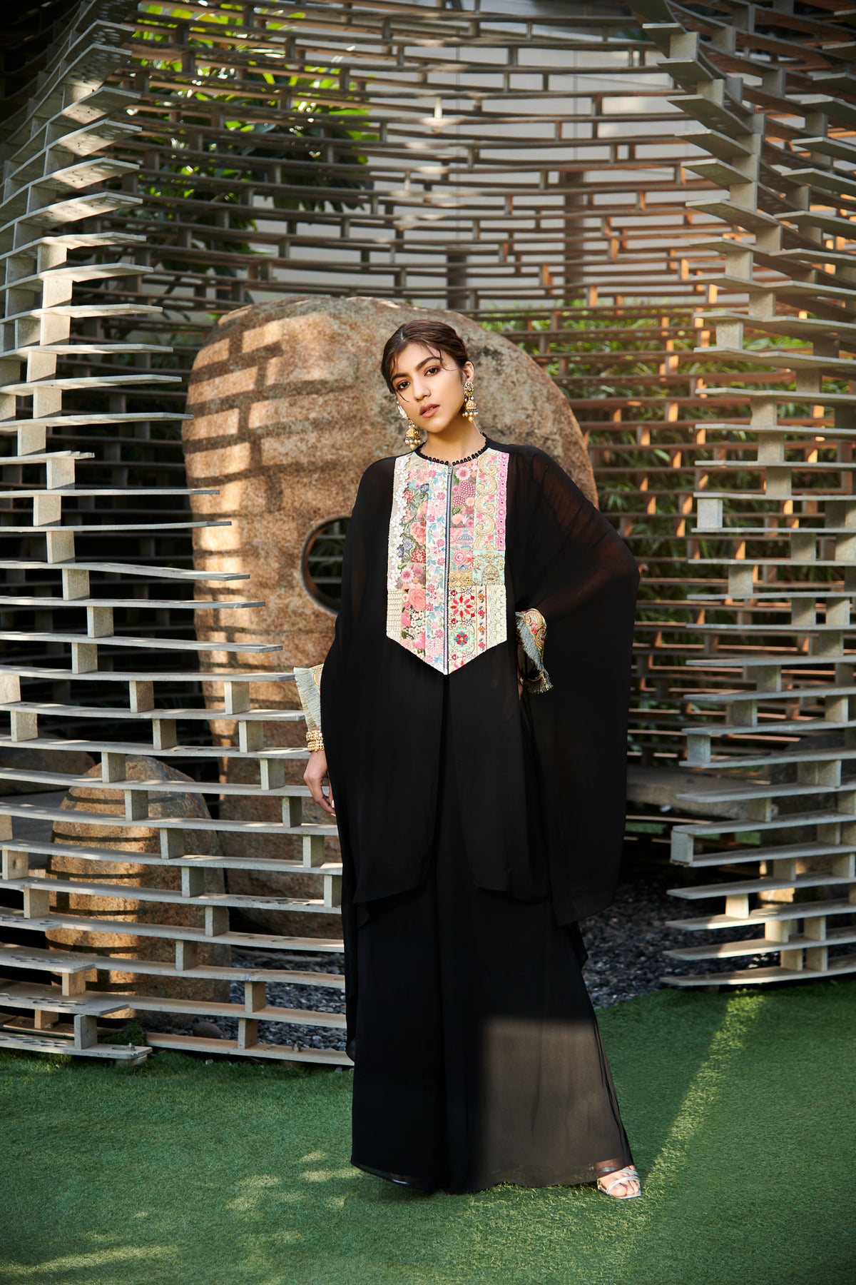 Multi patch black zipper tunic and sharara set