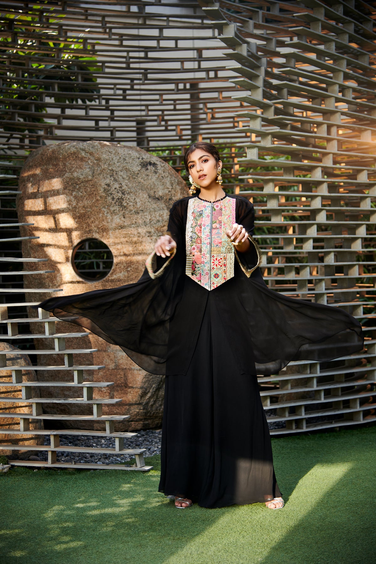 Multi patch black zipper tunic and sharara set
