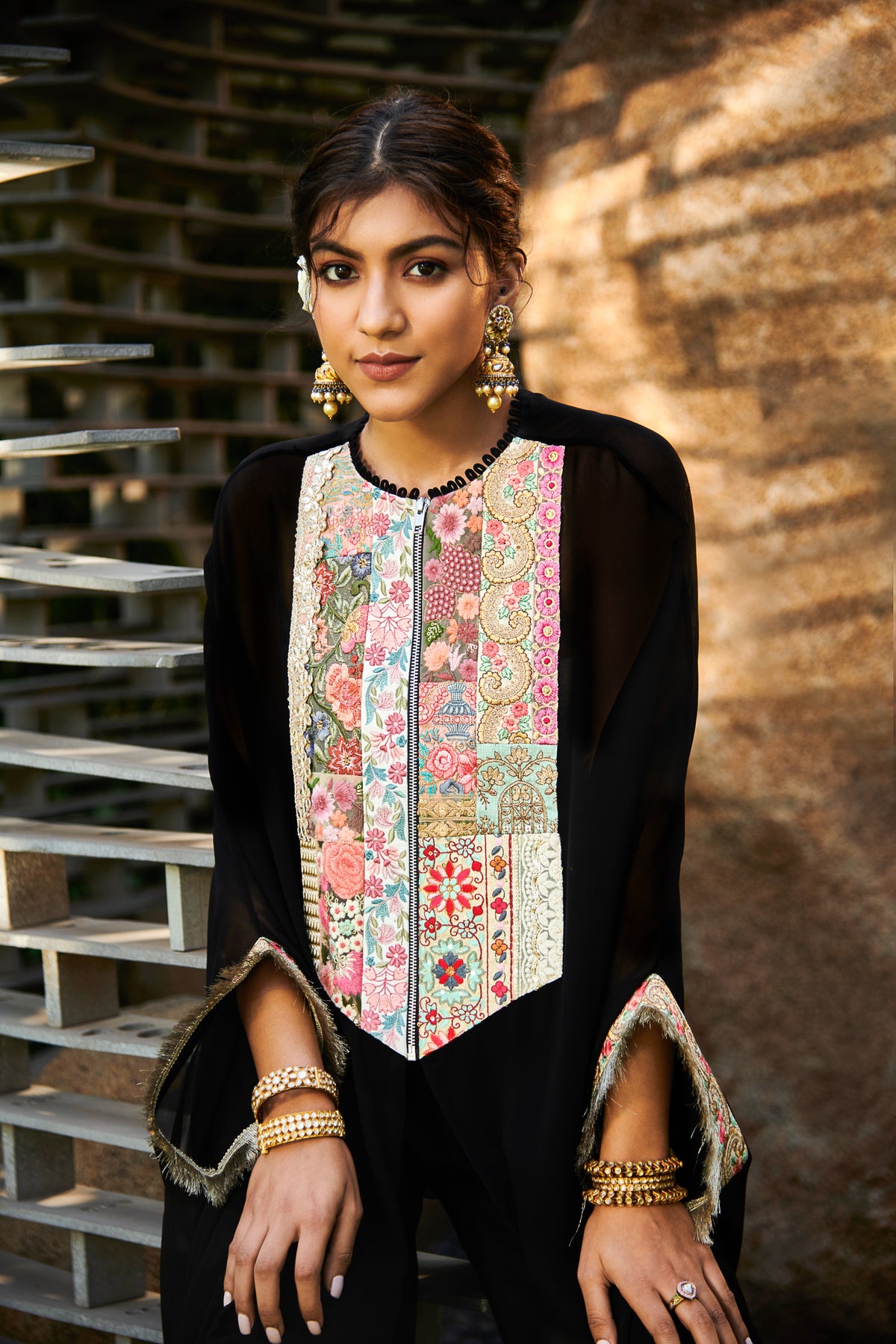 Multi patch black zipper tunic and sharara set