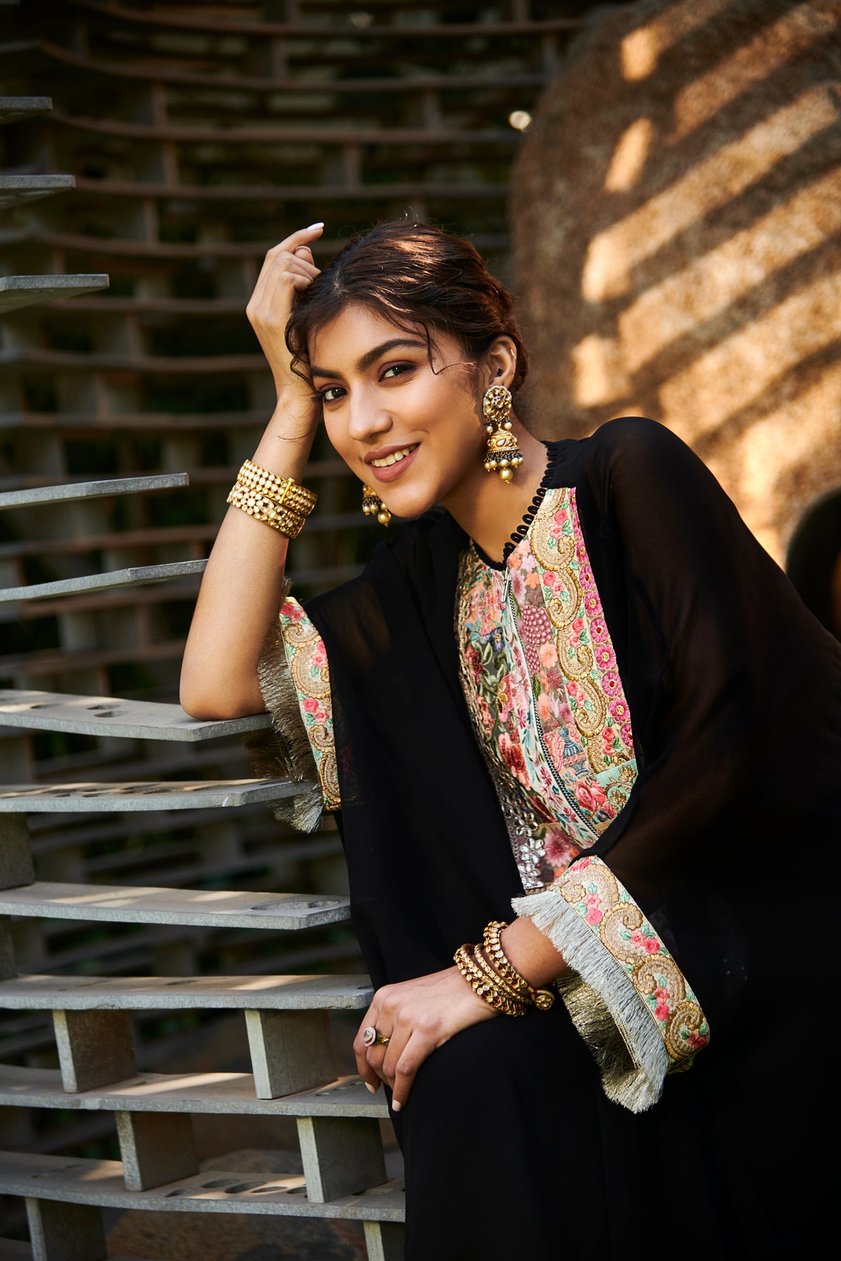Multi patch black zipper tunic and sharara set