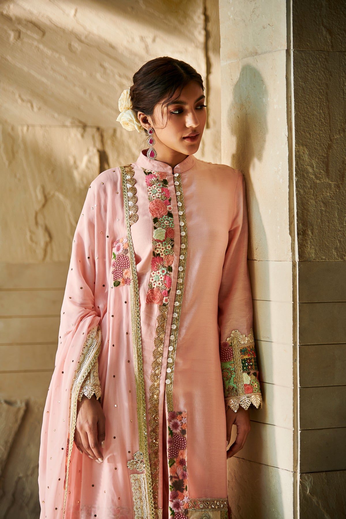 Peach patchwork front open suit set