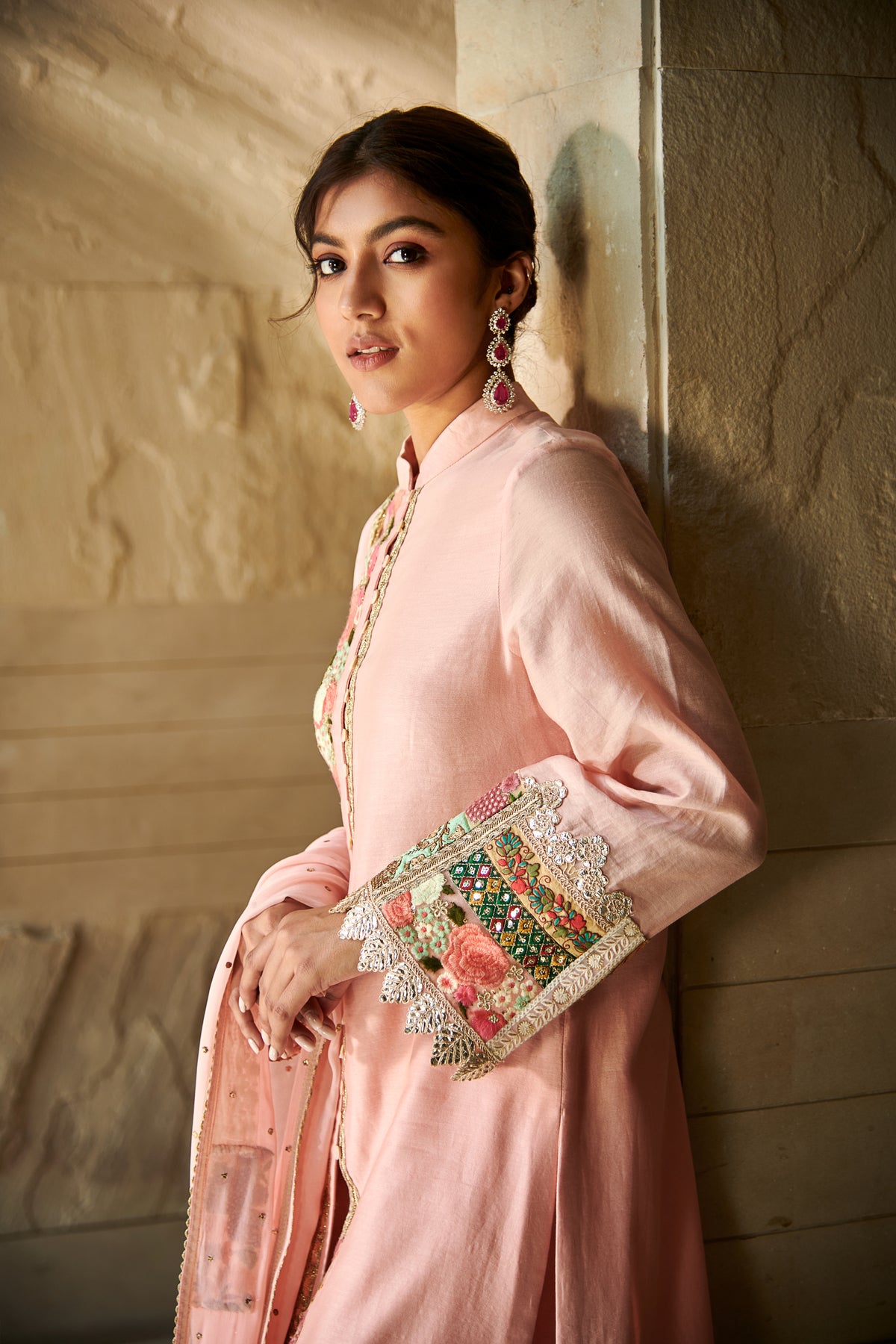 Peach patchwork front open suit set