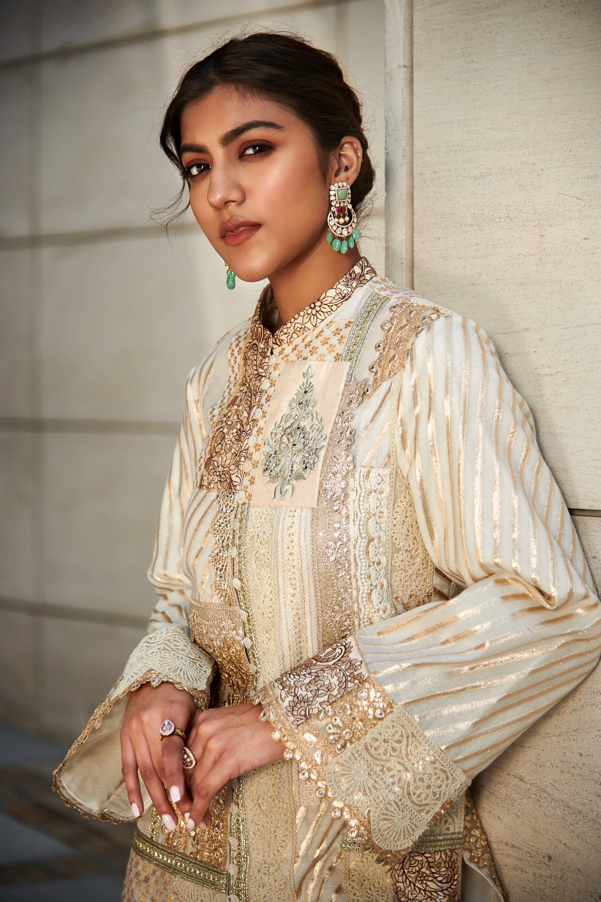 Multi patch ivory and gold front open suit set