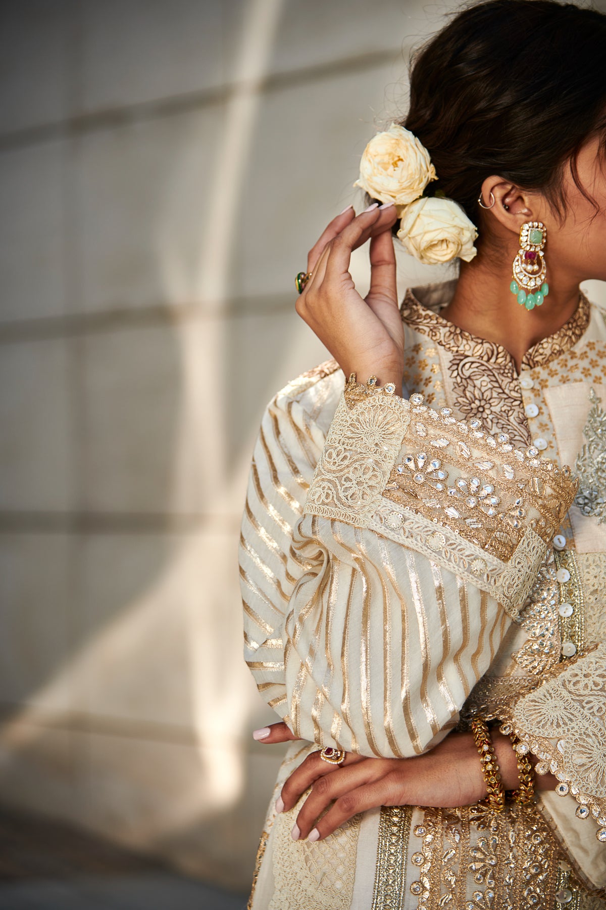 Multi patch ivory and gold front open suit set