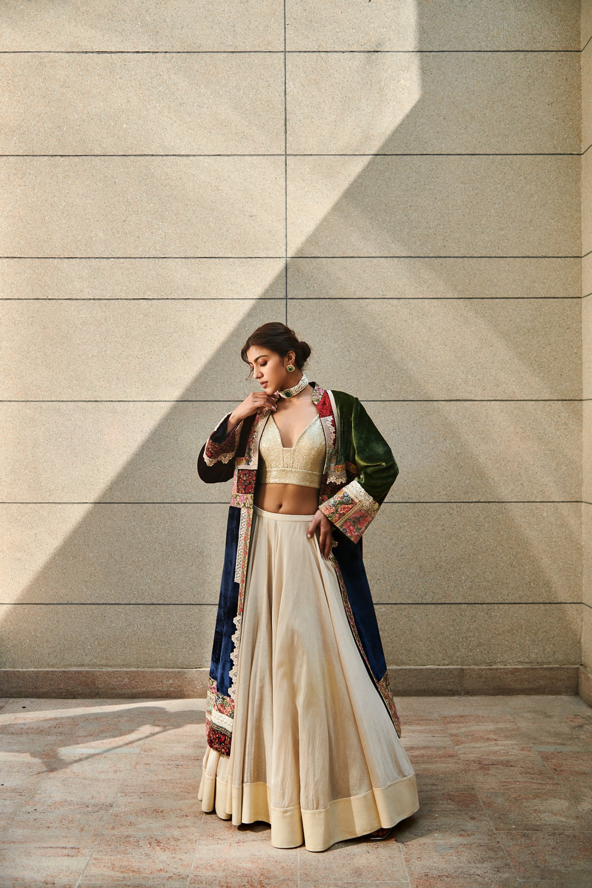 Multi patch velvet jacket with lehenga set