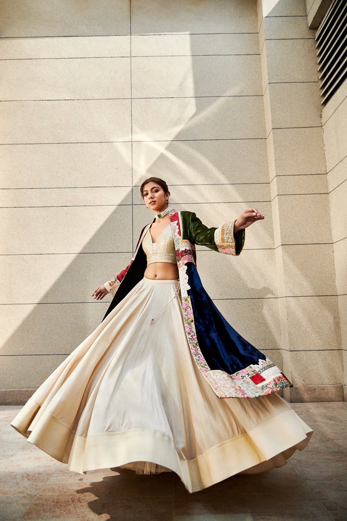 Multi patch velvet jacket with lehenga set