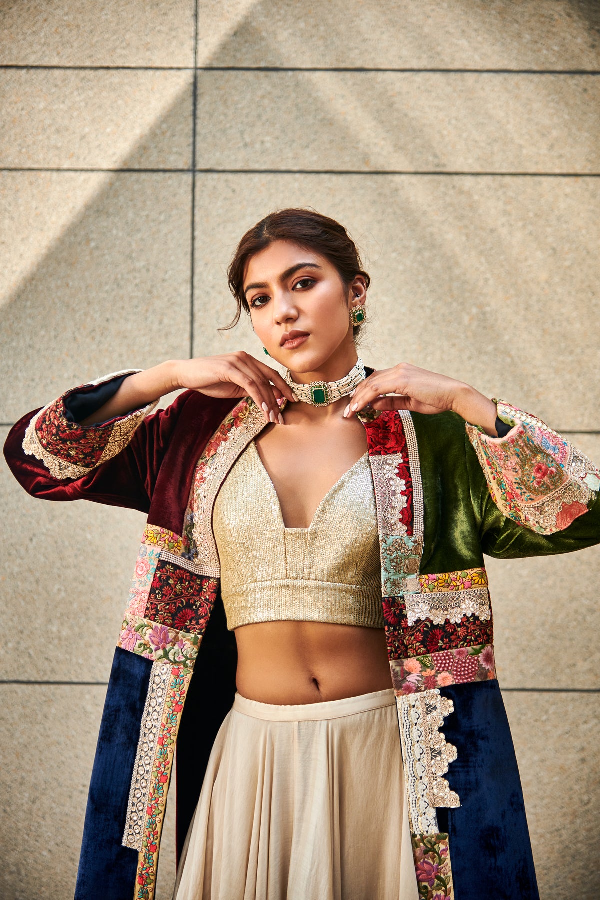 Multi patch velvet jacket with lehenga set