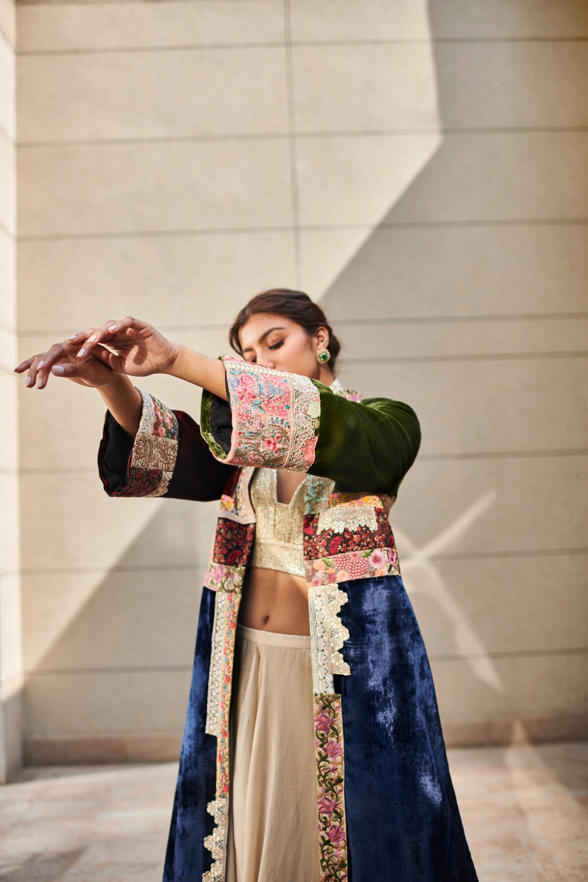 Multi patch velvet jacket with lehenga set