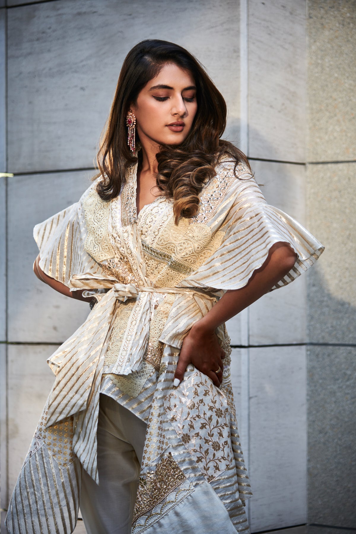 Ivory and gold multi patch embroidered cape set