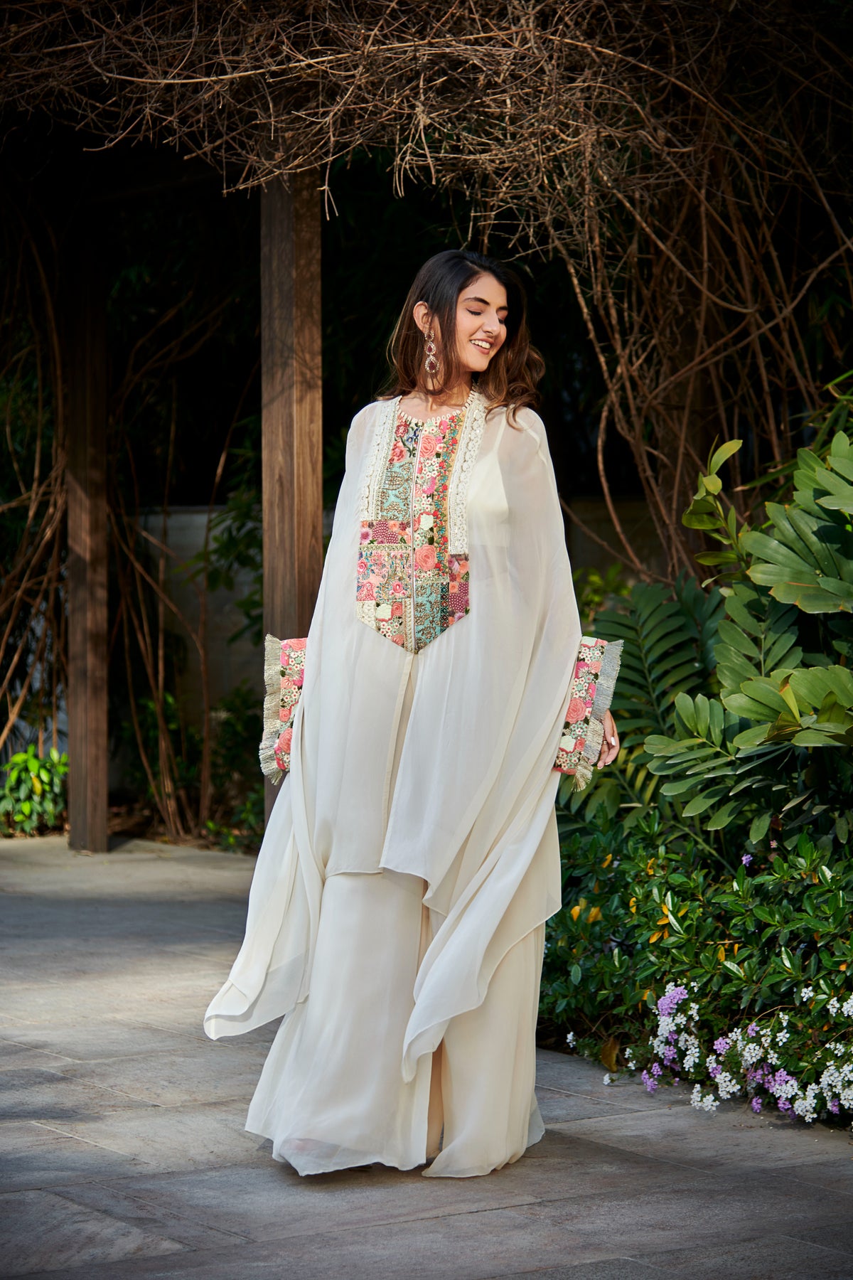 Multi patch ivory zipper tunic and sharara set